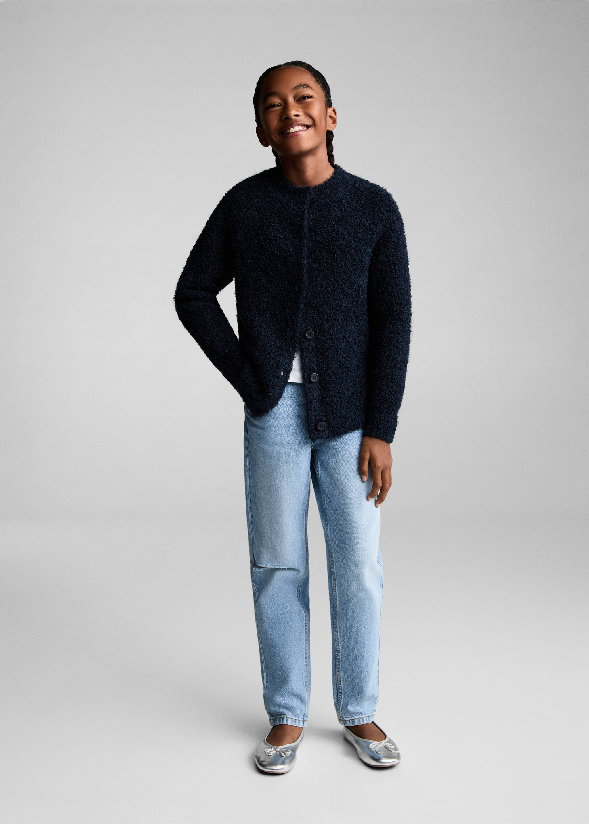 Bouclé-Strickjacke - Allgemeine Ansicht, Dunkles Marineblau. Ref: 77038271-00.