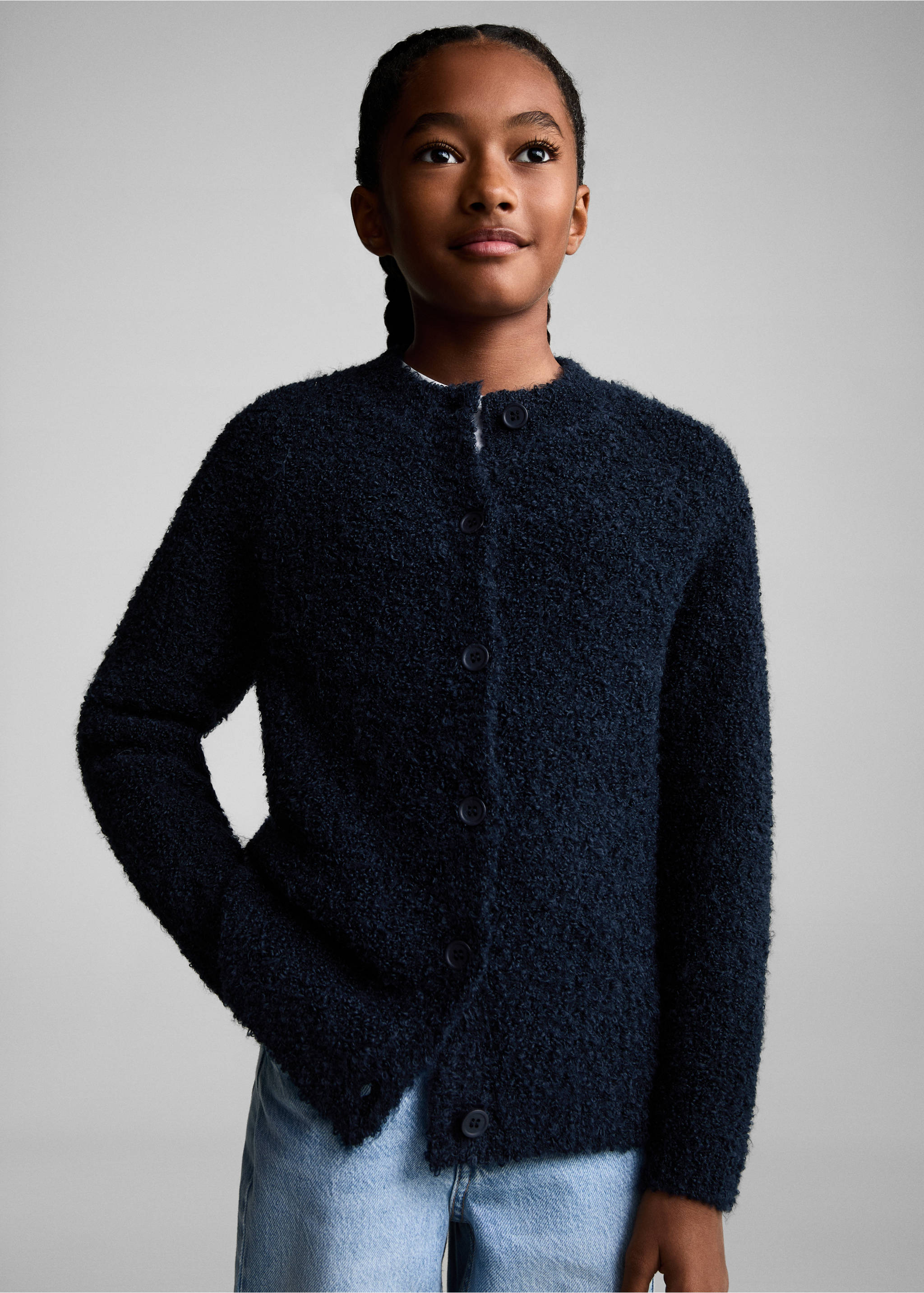 Bouclé-Strickjacke - Mittlere Ansicht, Dunkles Marineblau. Ref: 77038271-00.