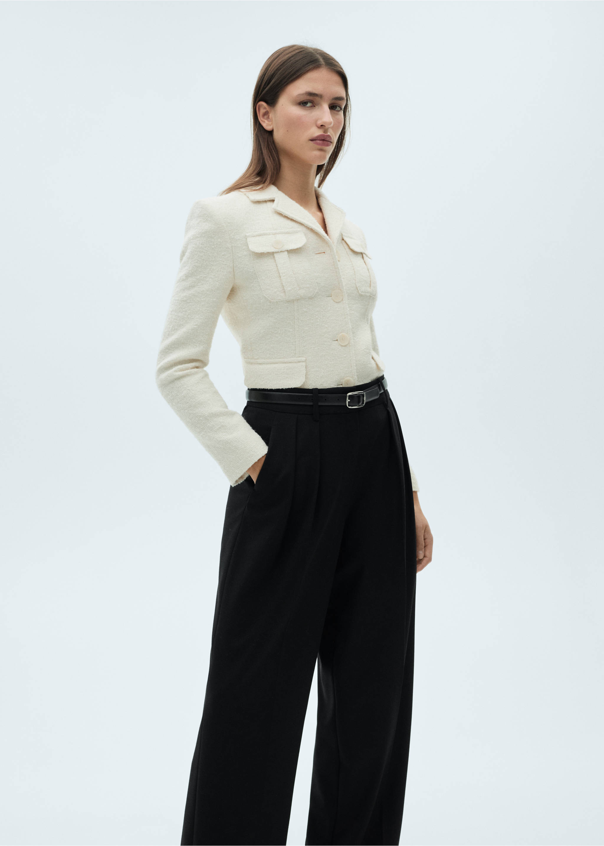 Wide leg pleated trousers - Details of the article 1, Black. Ref: 77038285-00.