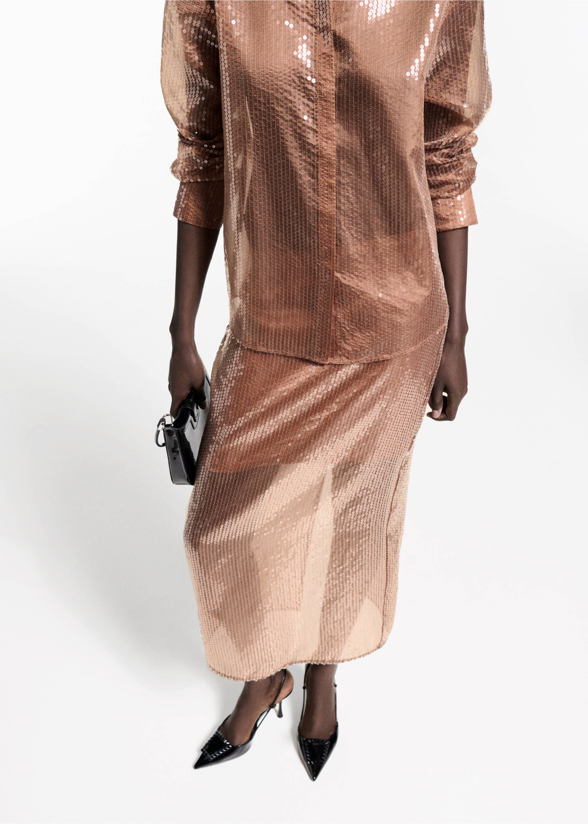 Sequin midi skirt - Medium plane, Brown. Ref: 77039036-00.