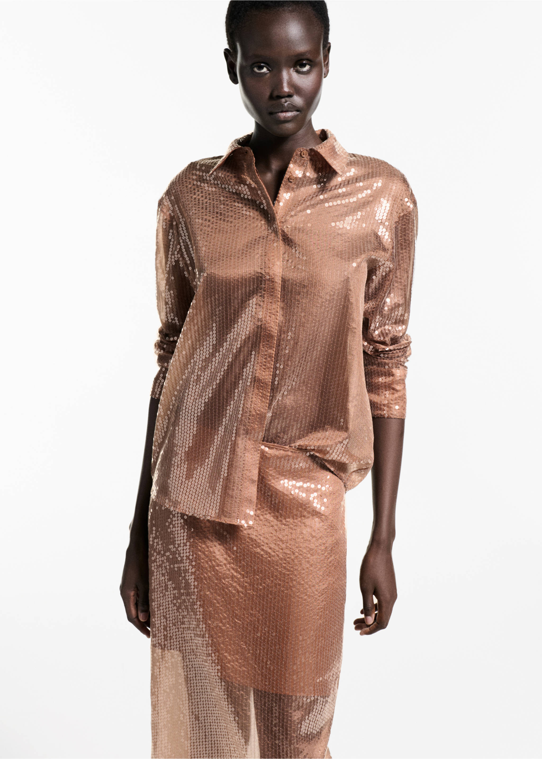 Sequin midi skirt - Details of the article 1, Brown. Ref: 77039036-00.