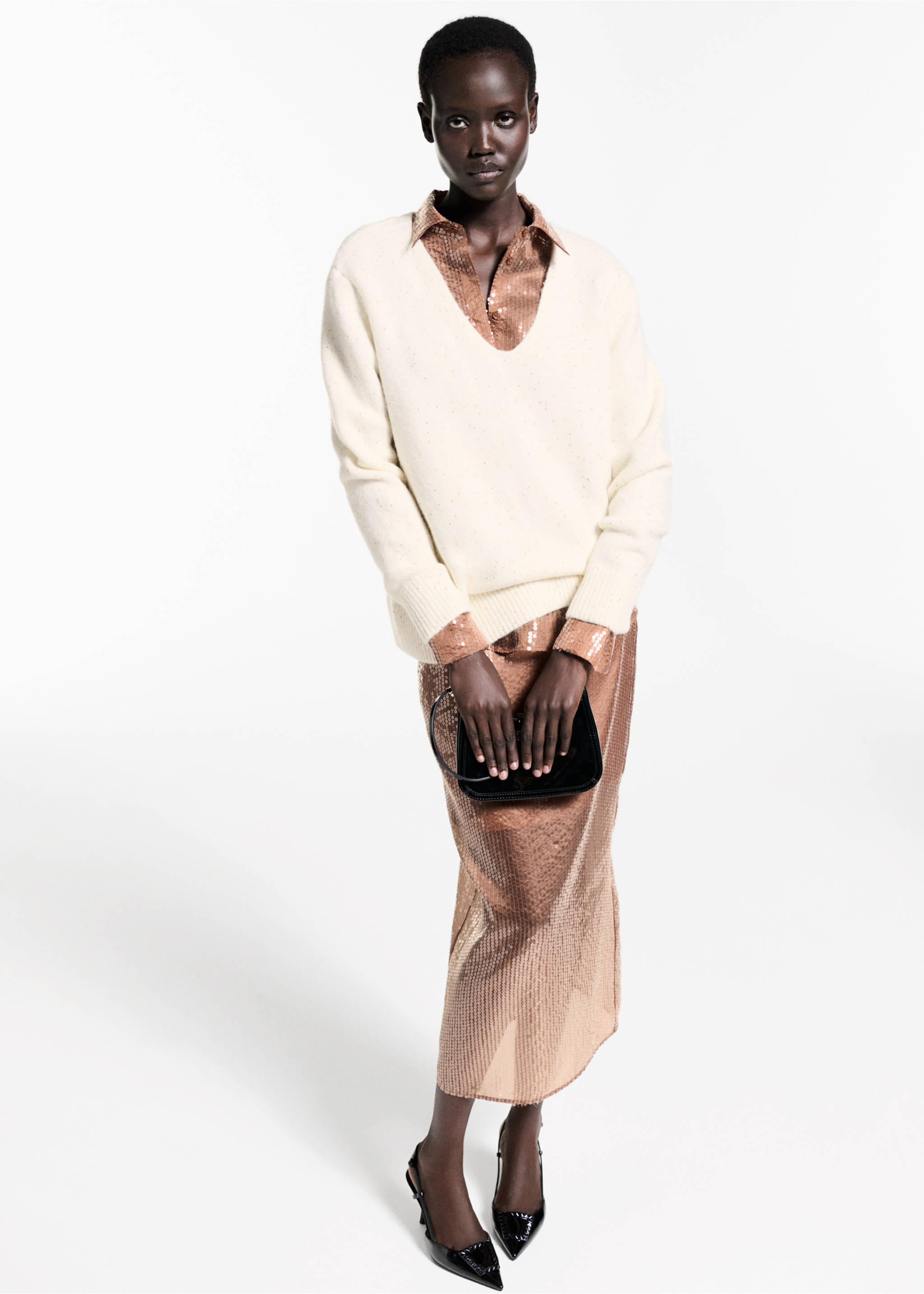 Sequin midi skirt - Details of the article 2, Brown. Ref: 77039036-00.