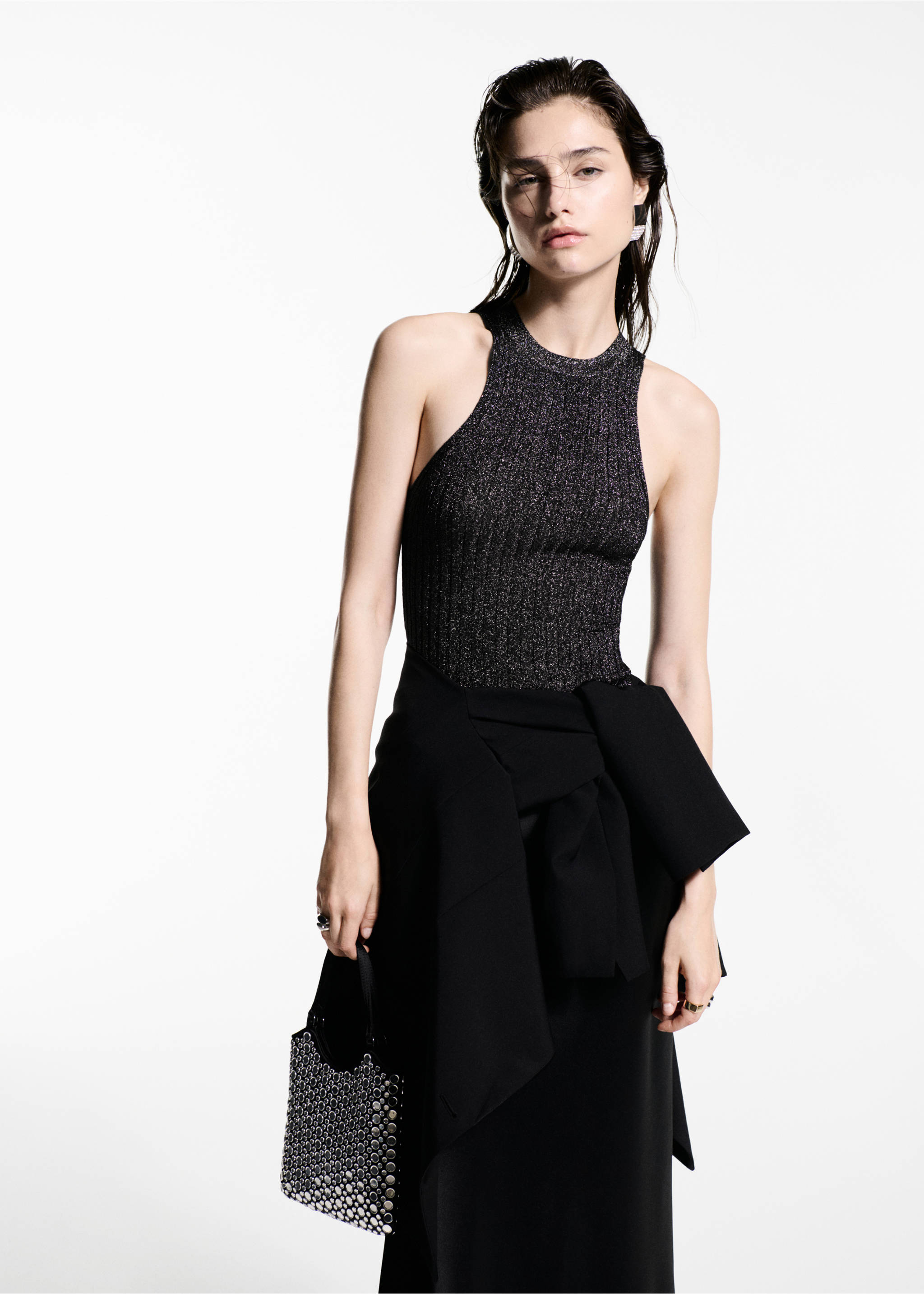 Top maille Lurex emmanchures américaines - Plan moyen, Noir. Ref: 77039037-00.