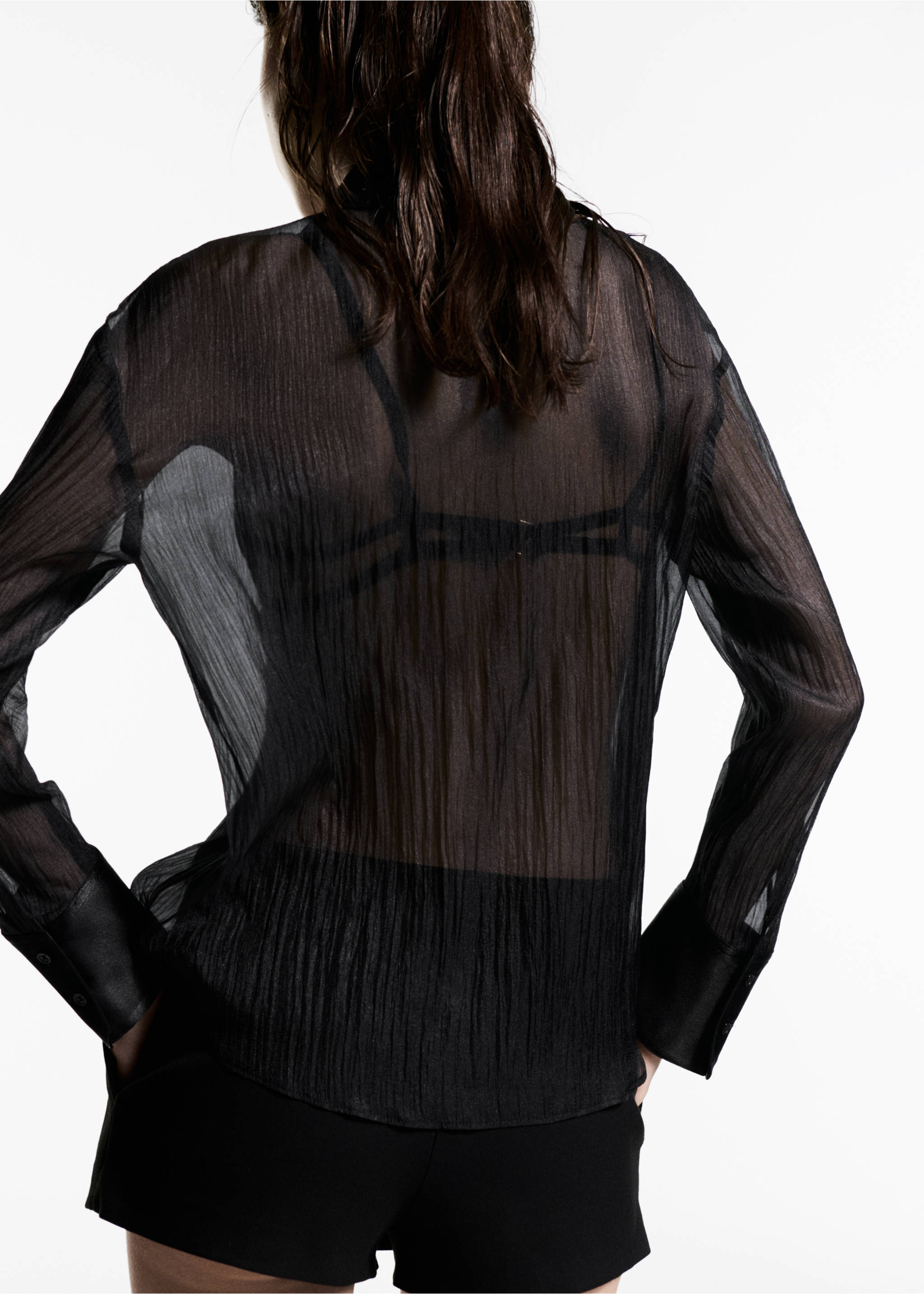 Semi-transparent shirt with satin details - Reverse of the article, Black. Ref: 77039052-00.