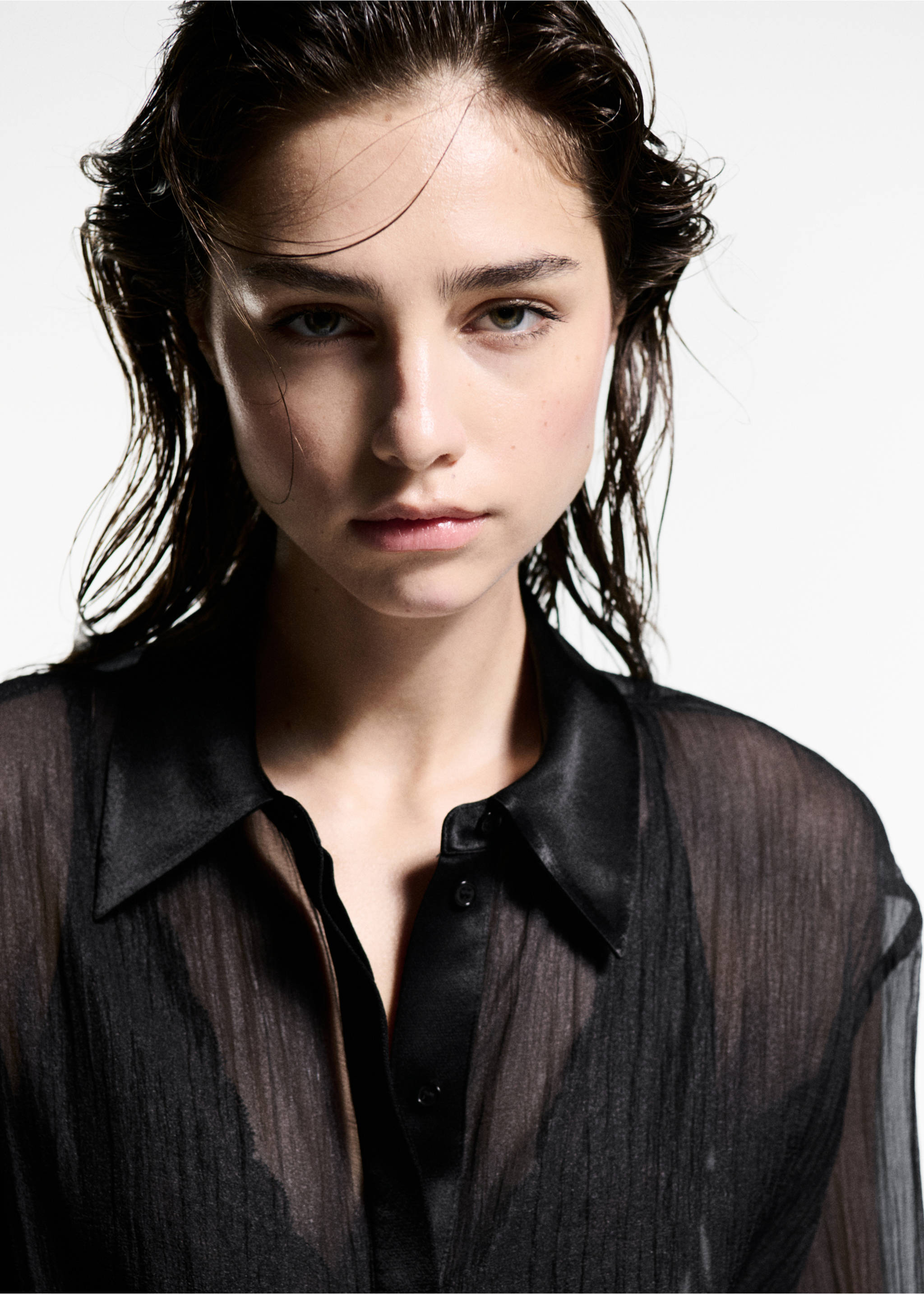 Semi-transparent shirt with satin details - Details of the article 1, Black. Ref: 77039052-00.