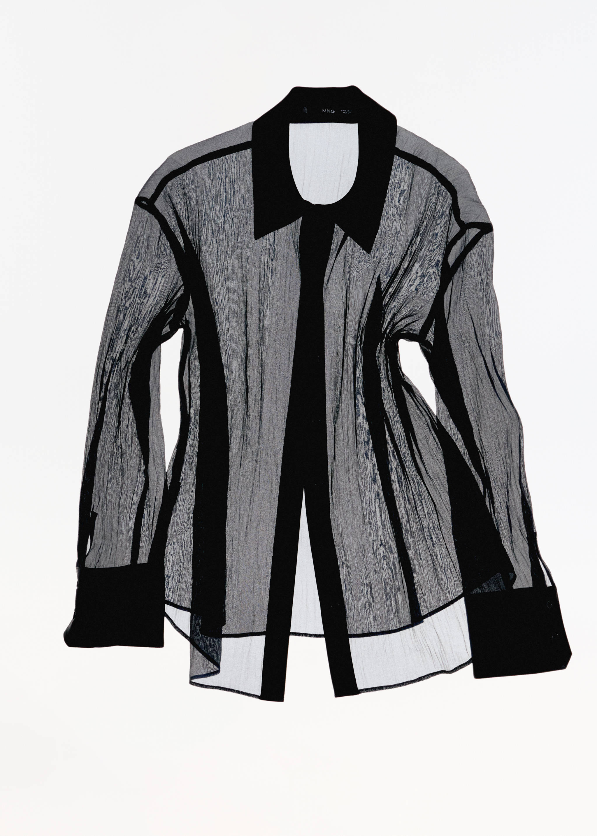 Semi-transparent shirt with satin details - Details of the article 6, Black. Ref: 77039052-00.