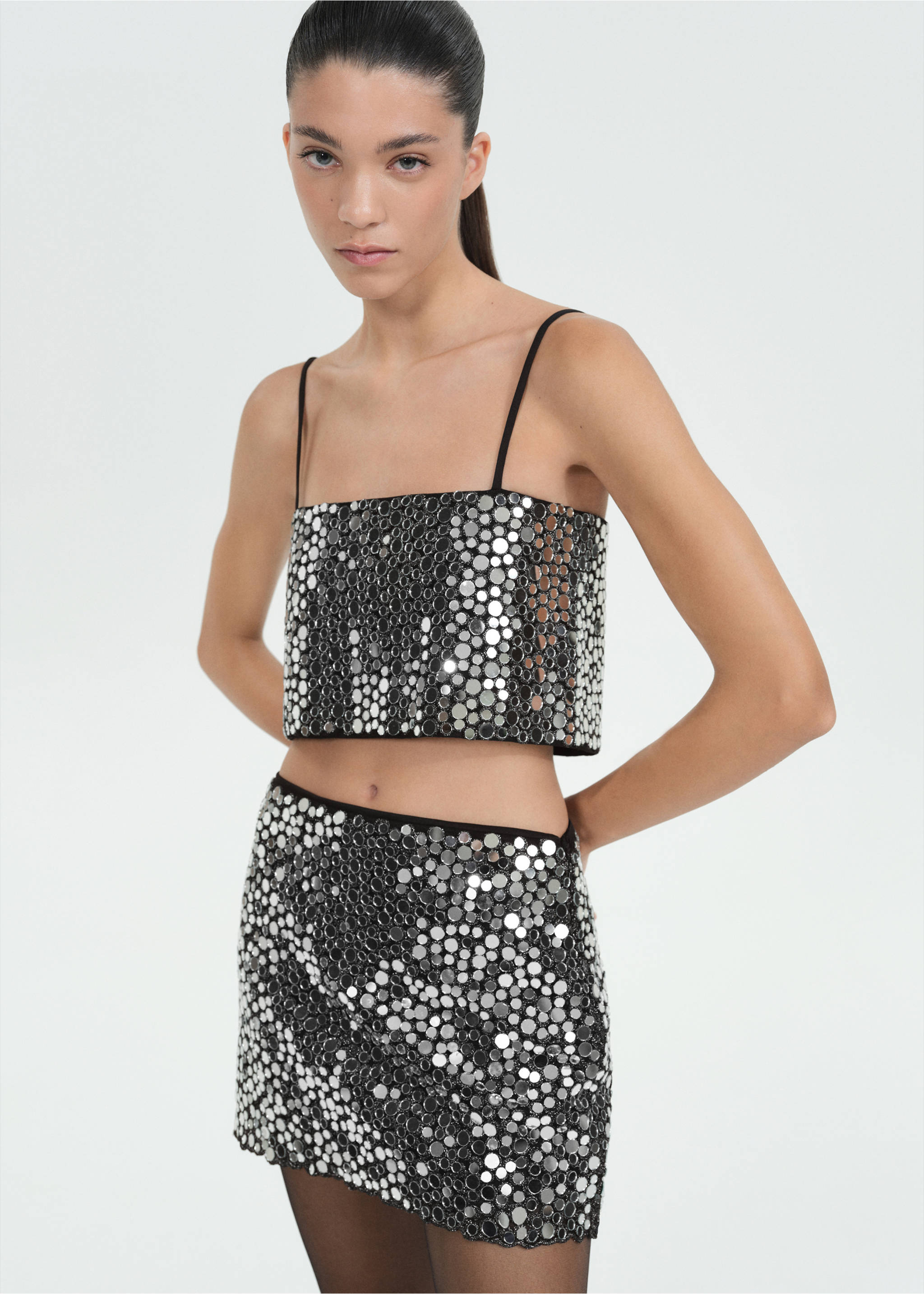 Crop top met kristallen - Middenvlak, Grijs. Ref: 77039055-00.