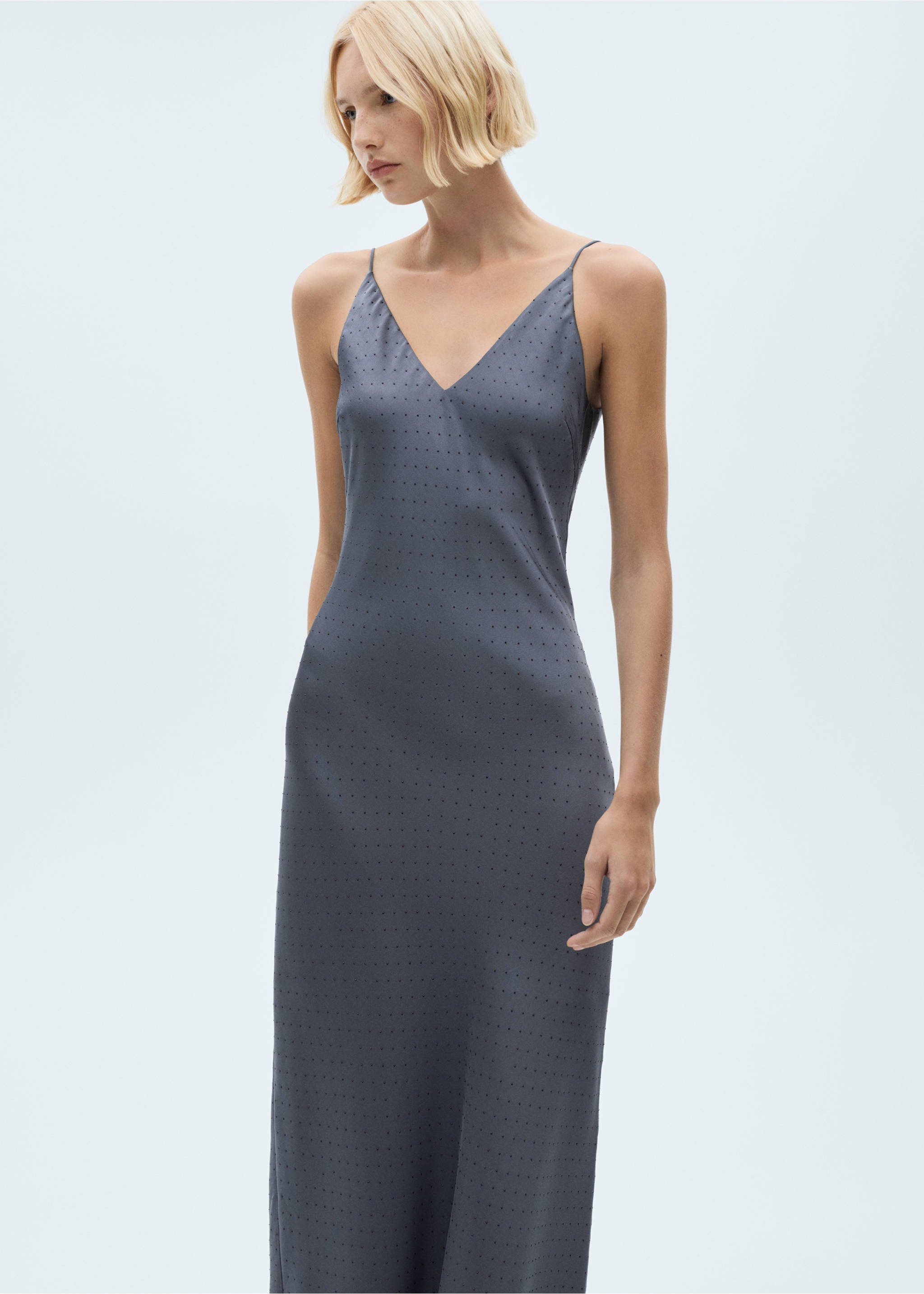 Lingerie dress with rhinestone details - Medium plane, Denim Grey. Ref: 77039057-00.