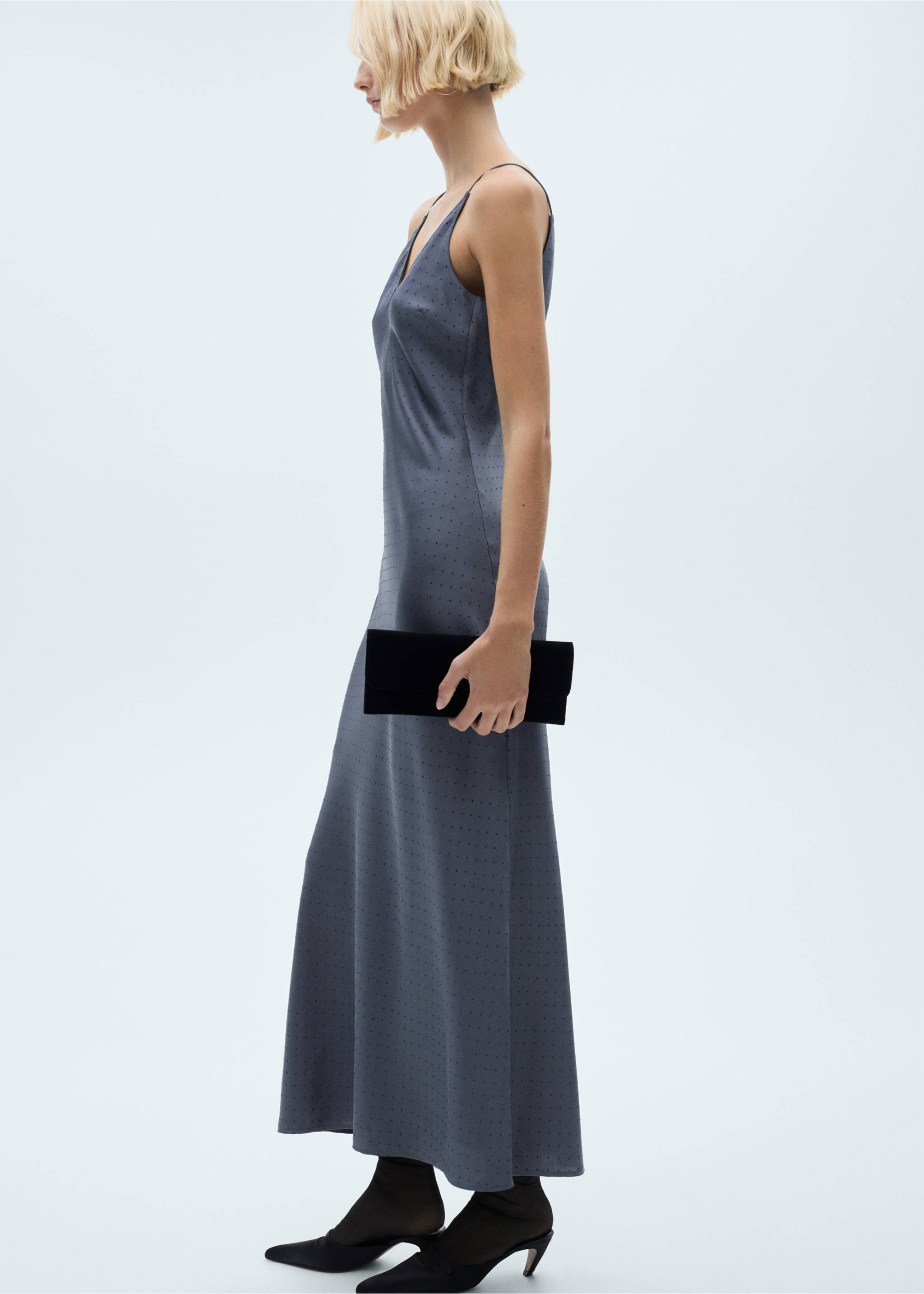 Lingerie dress with rhinestone details - Details of the article 2, Denim Grey. Ref: 77039057-00.