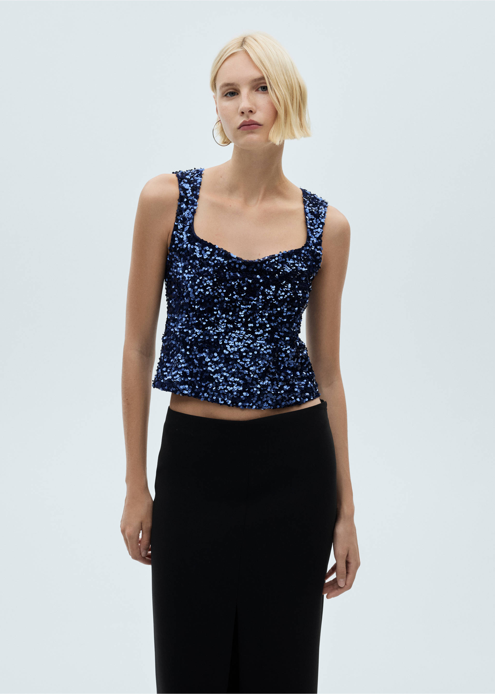 Paillettenbesetztes Trägertop - Mittlere Ansicht, Dunkles Marineblau. Ref: 77039063-00.