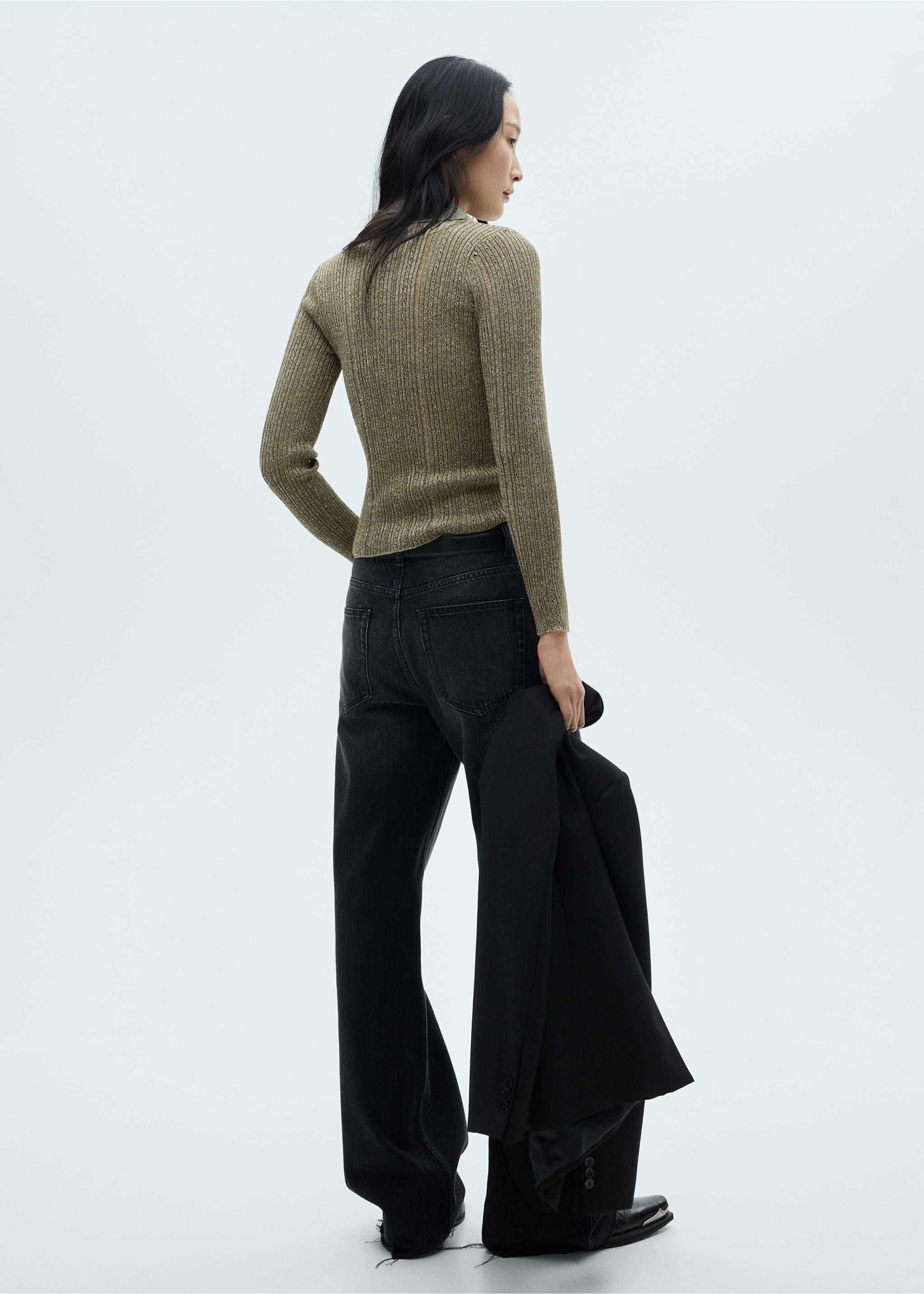 Lurex cardigan with openwork details - Reverse of the article, Green. Ref: 77039070-00.