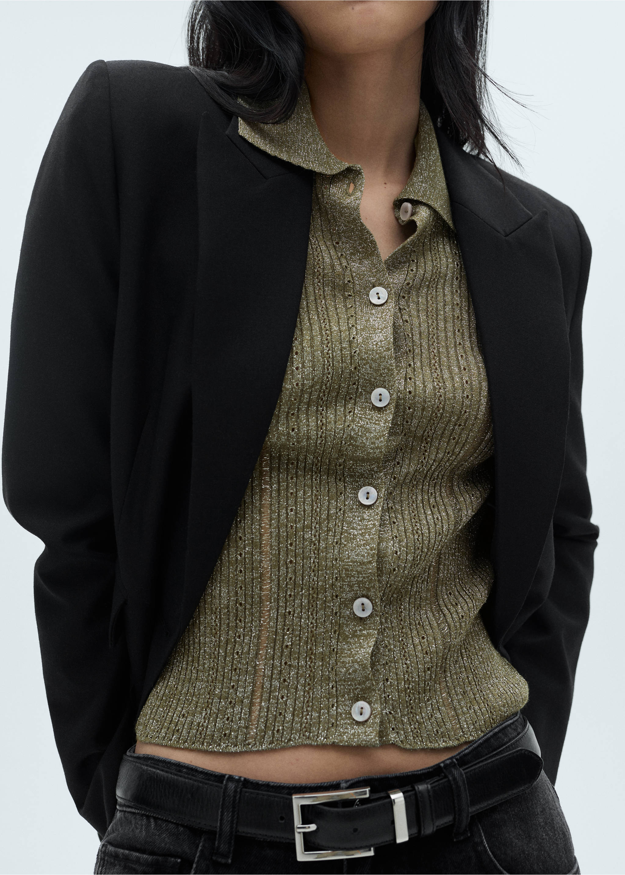Lurex cardigan with openwork details - Details of the article 6, Green. Ref: 77039070-00.