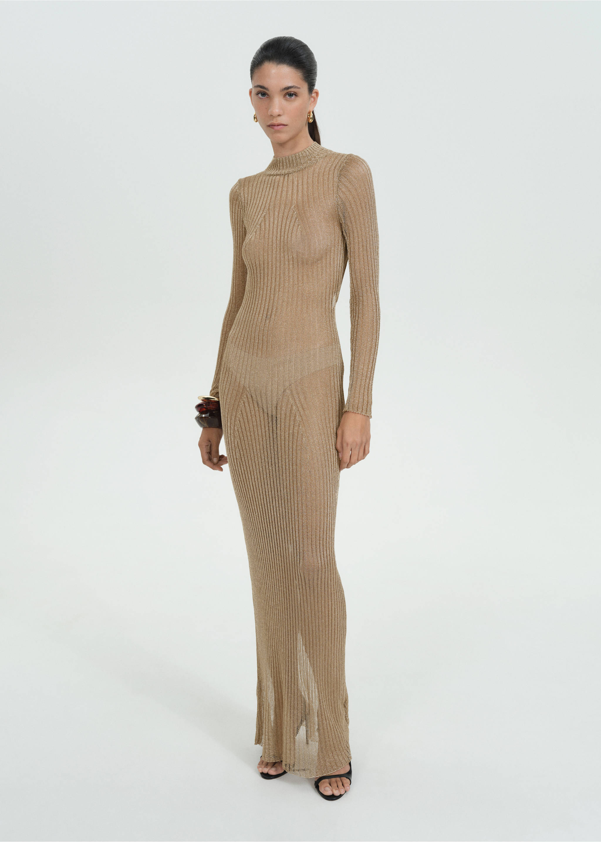 Lurex ribbed dress with open back - General plane, Gold. Ref: 77039072-00.