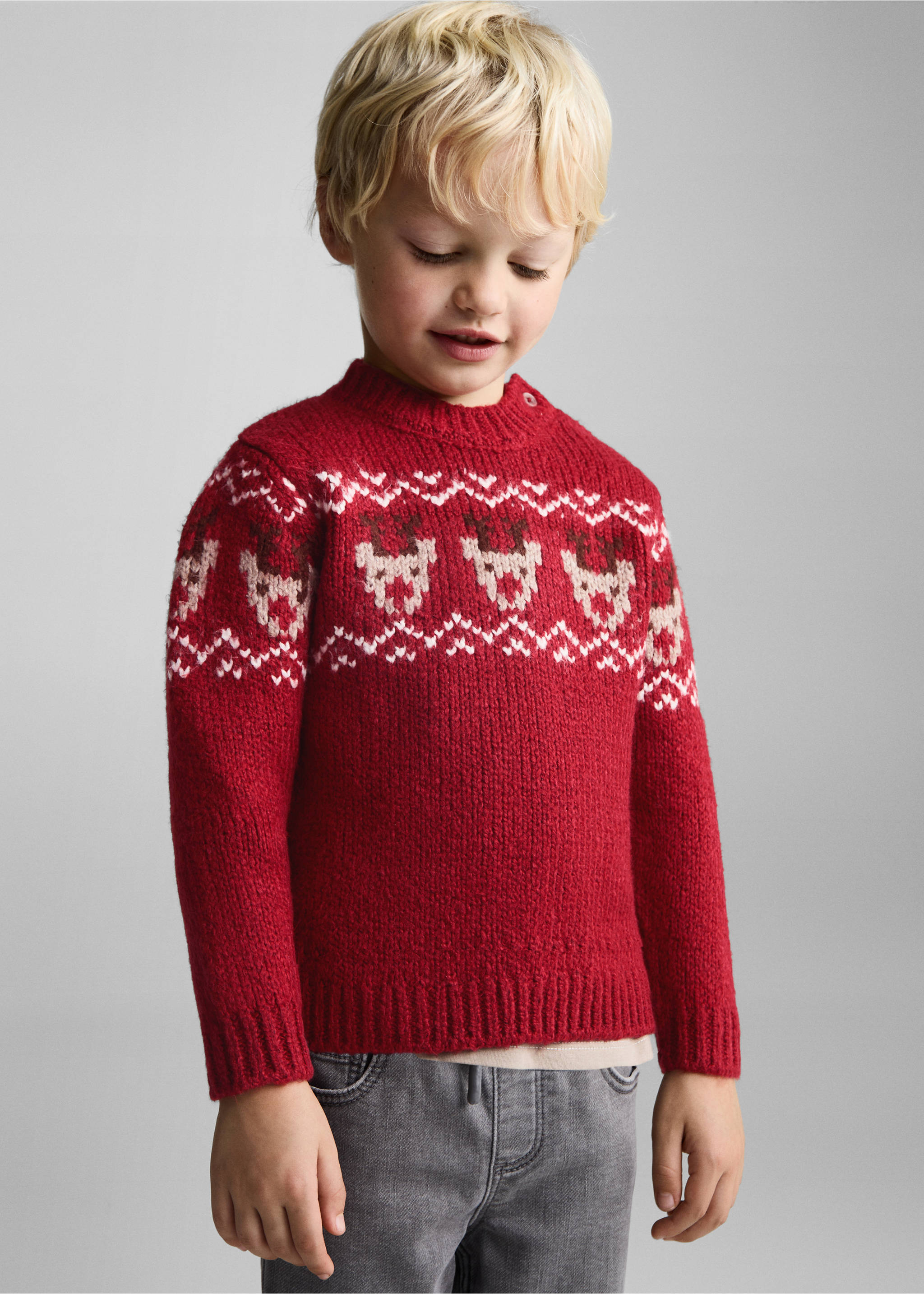 Pull-over Noël jacquard - Plan moyen, Rouge. Ref: 77039240-00.