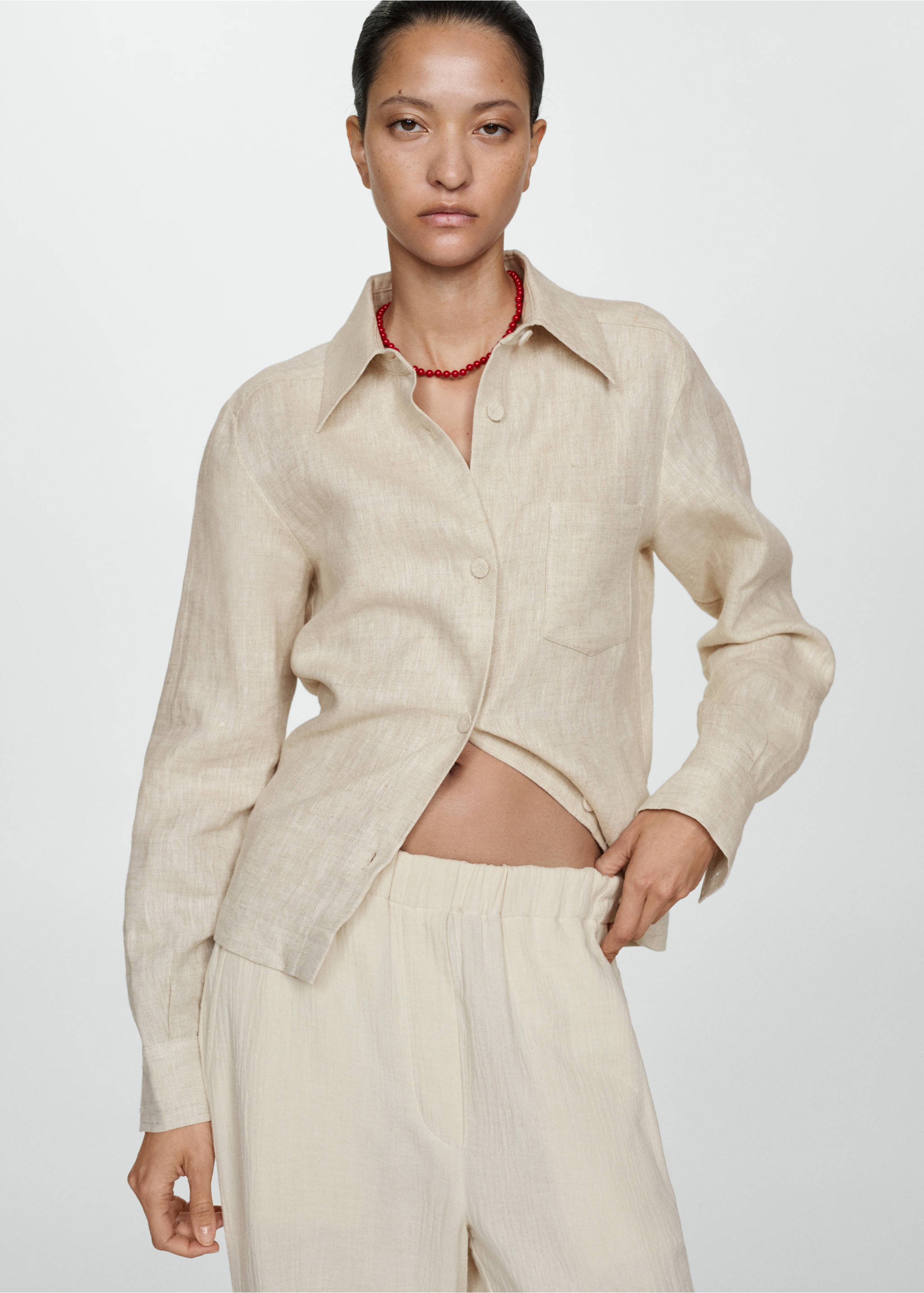 Cotton wide leg trousers - Details of the article 1, Ecru. Ref: 77040339-00.