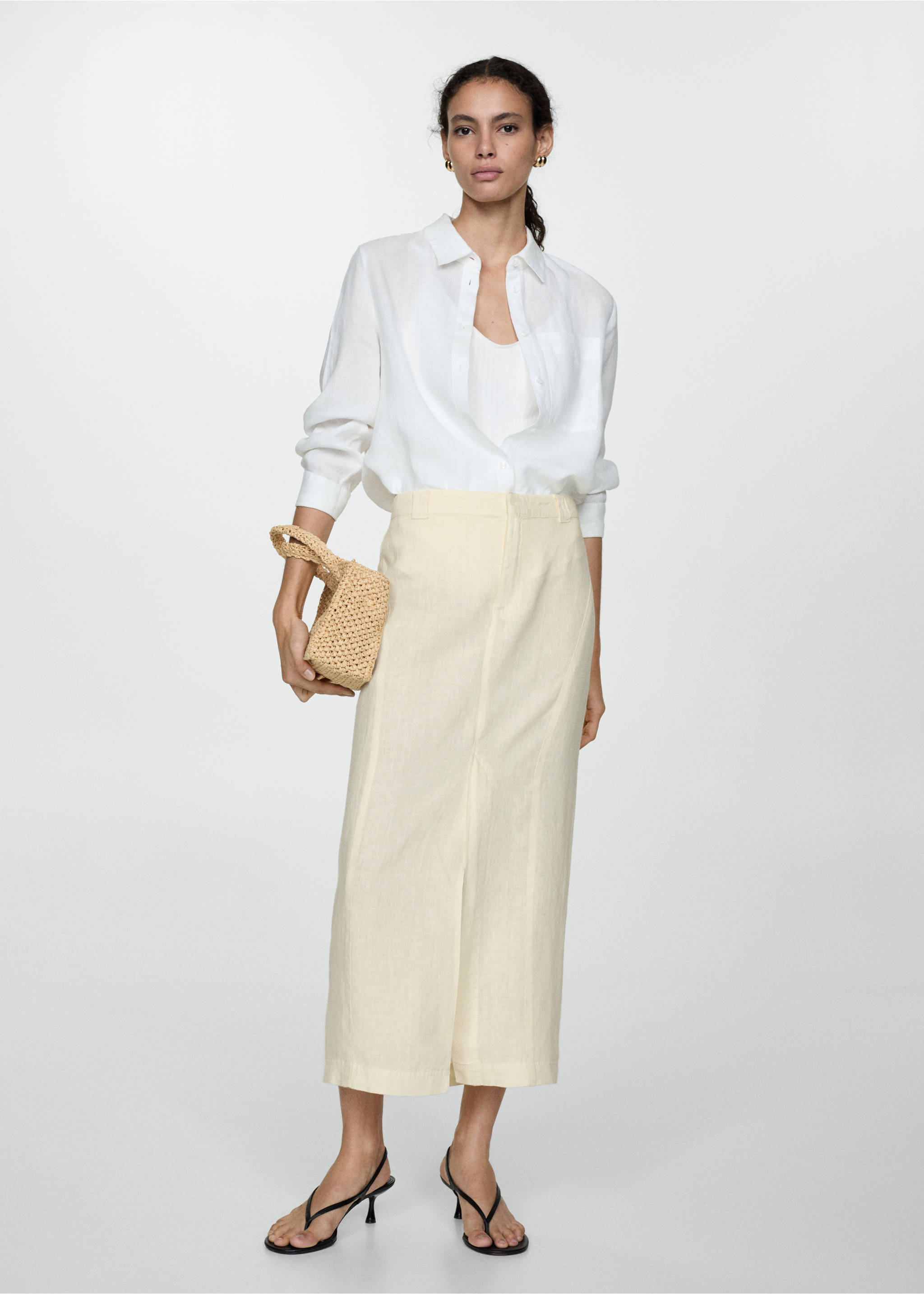 Linen skirt with slit - General plane, Pastel Yellow. Ref: 77040348-00.