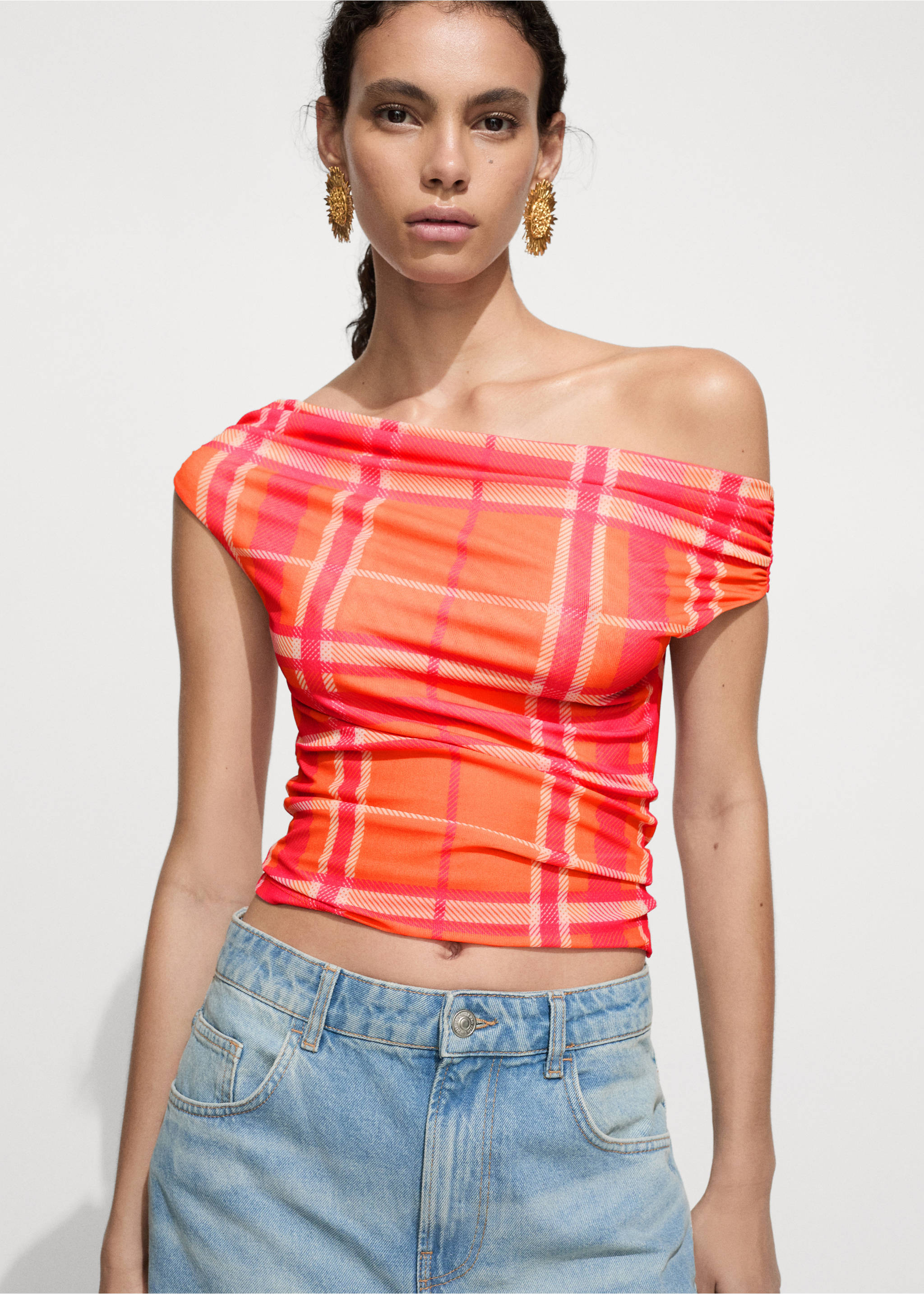 Printed boat-neck top - Medium plane, Orange. Ref: 77040386-00.