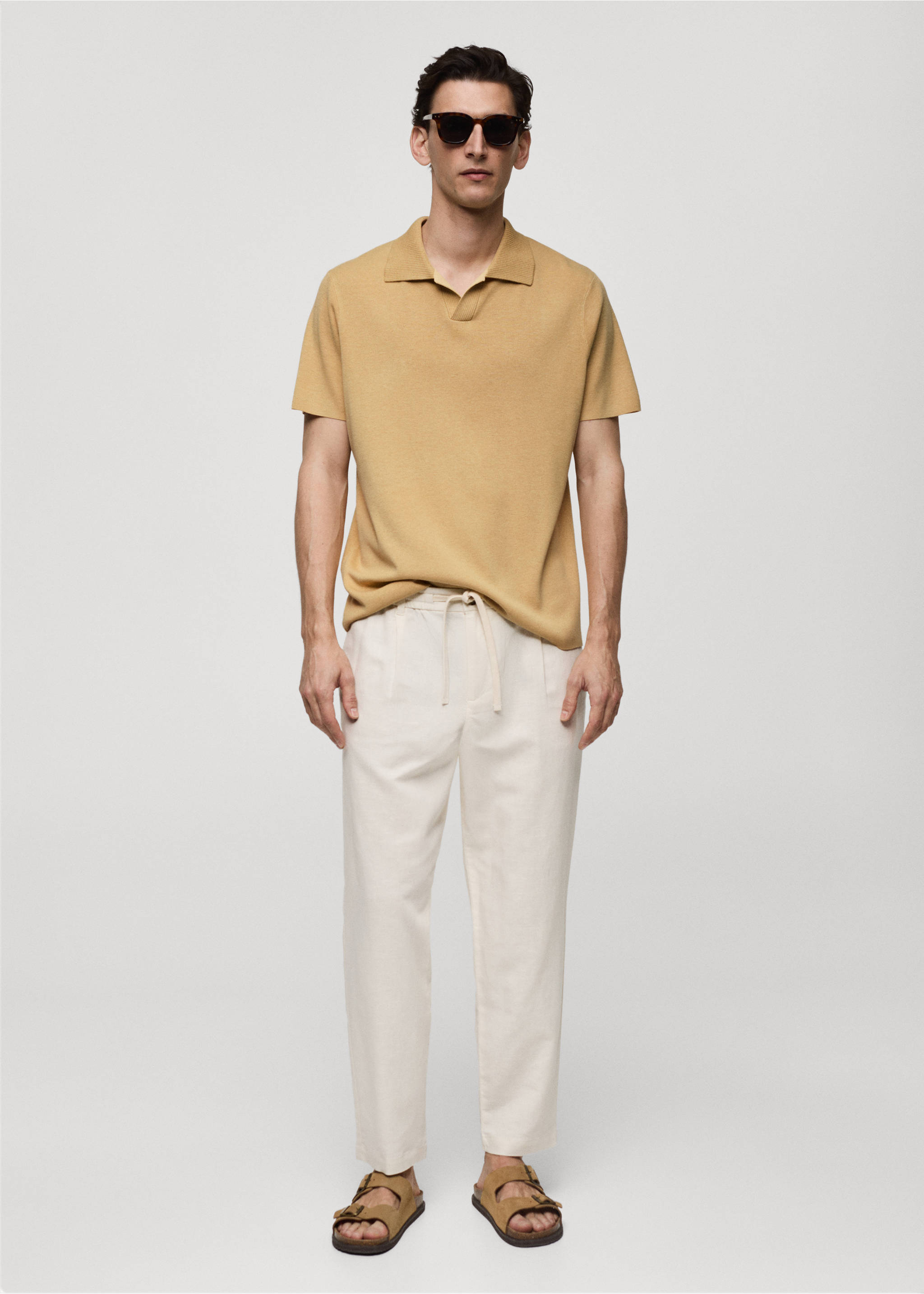 Textured knitted cotton polo shirt - General plane, Mustard. Ref: 77040587-00.