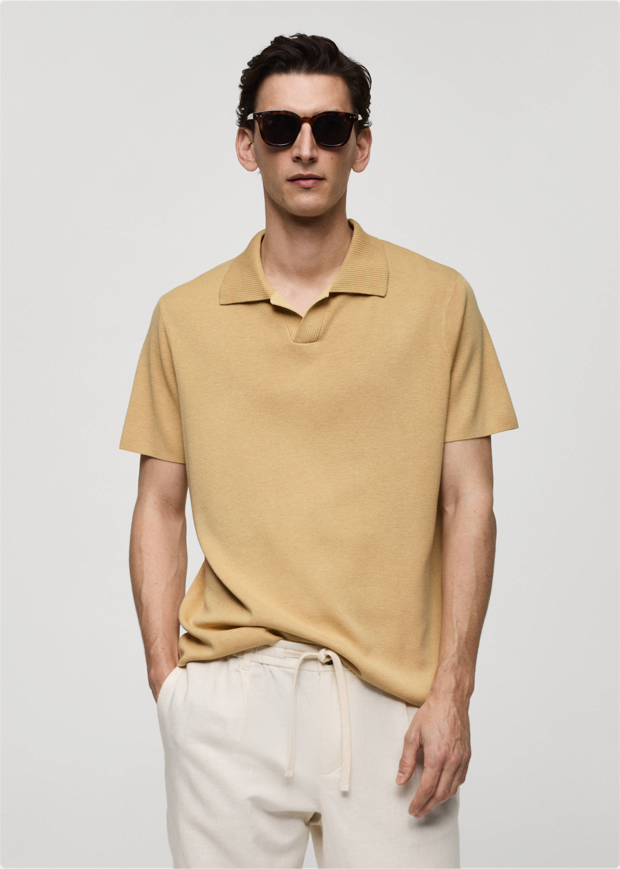 Textured knitted cotton polo shirt - Medium plane, Mustard. Ref: 77040587-00.