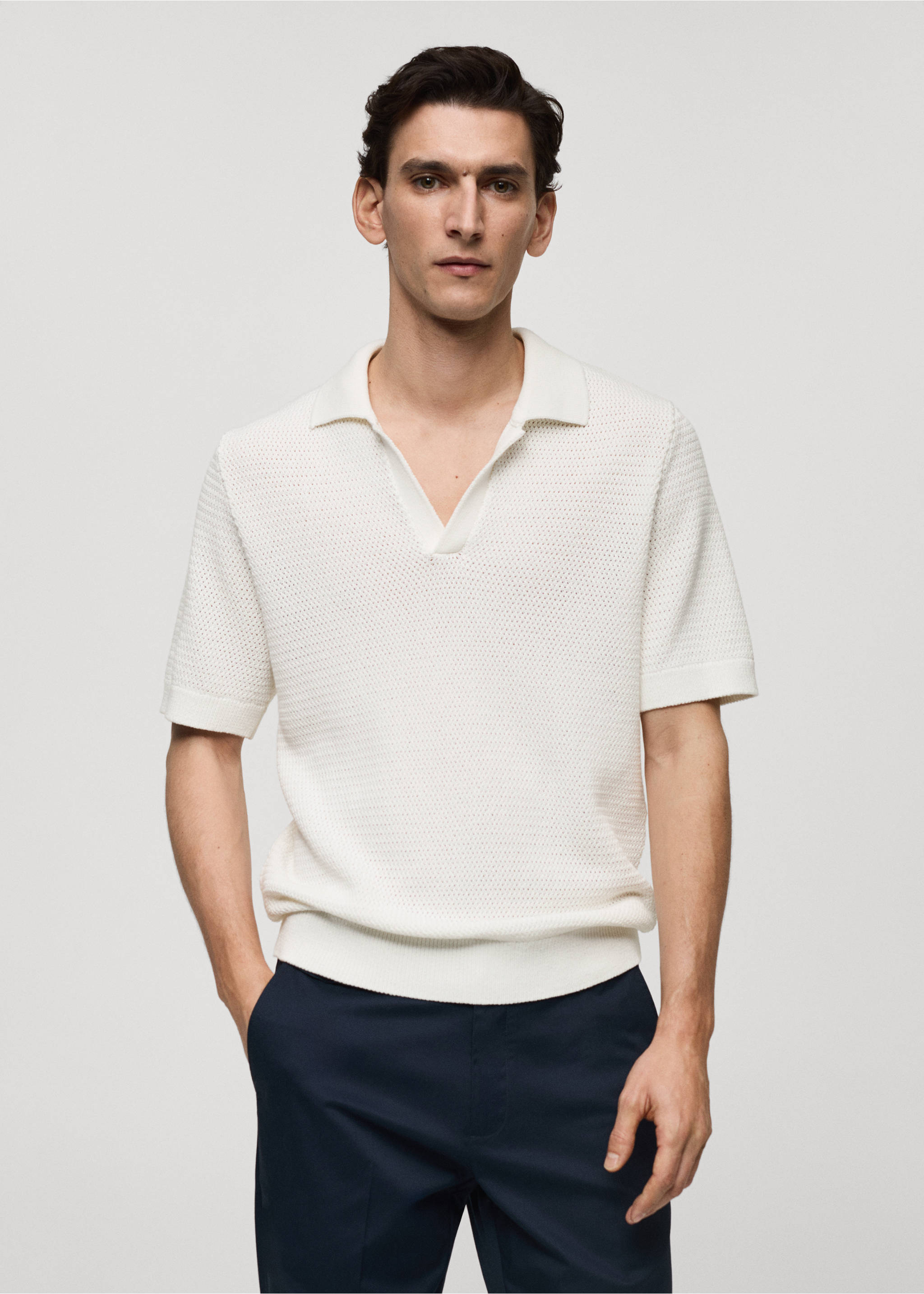 Openwork cotton knitte polo shirt - Medium plane, Off White. Ref: 77040588-00.