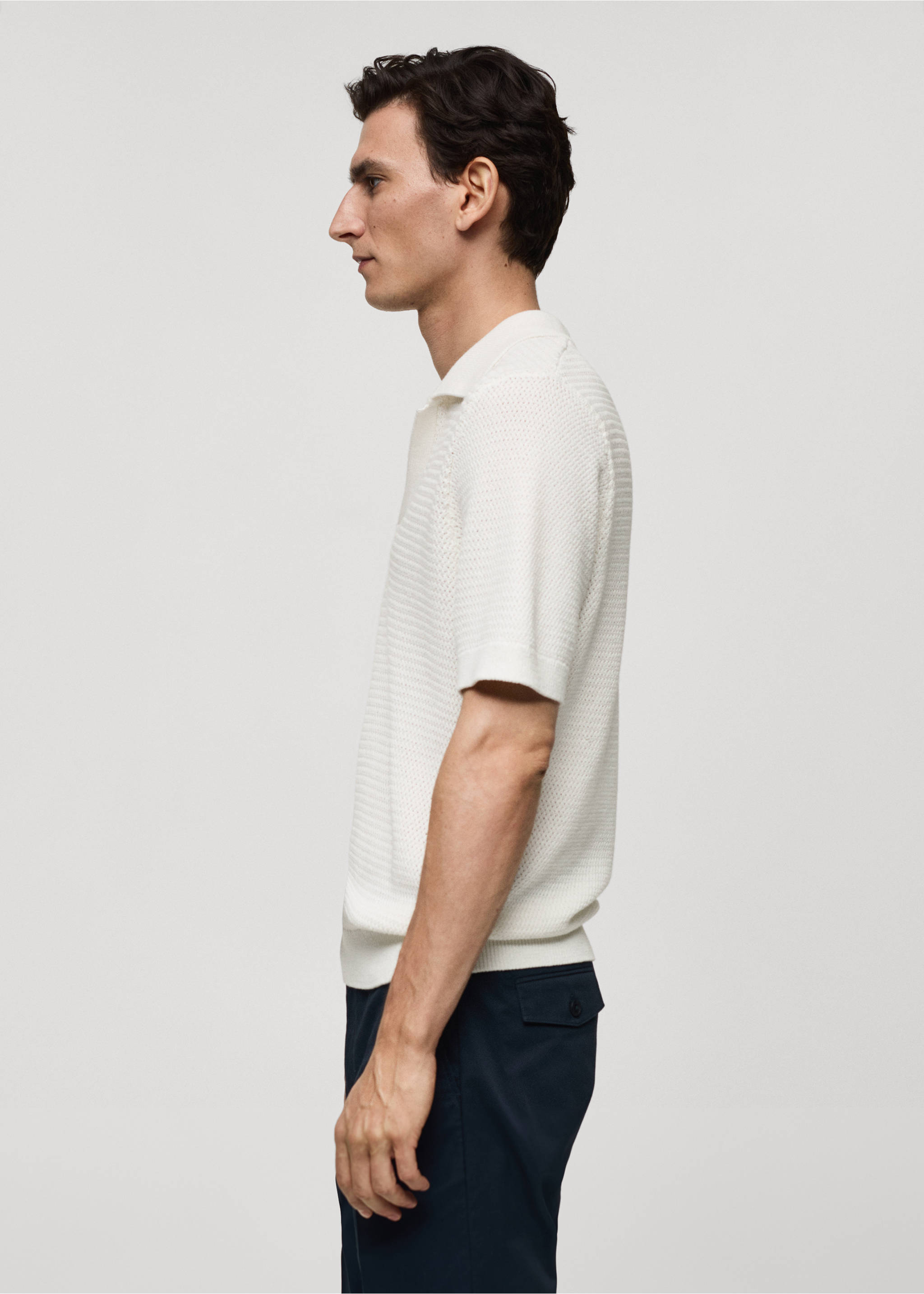 Openwork cotton knitte polo shirt - Details of the article 2, Off White. Ref: 77040588-00.