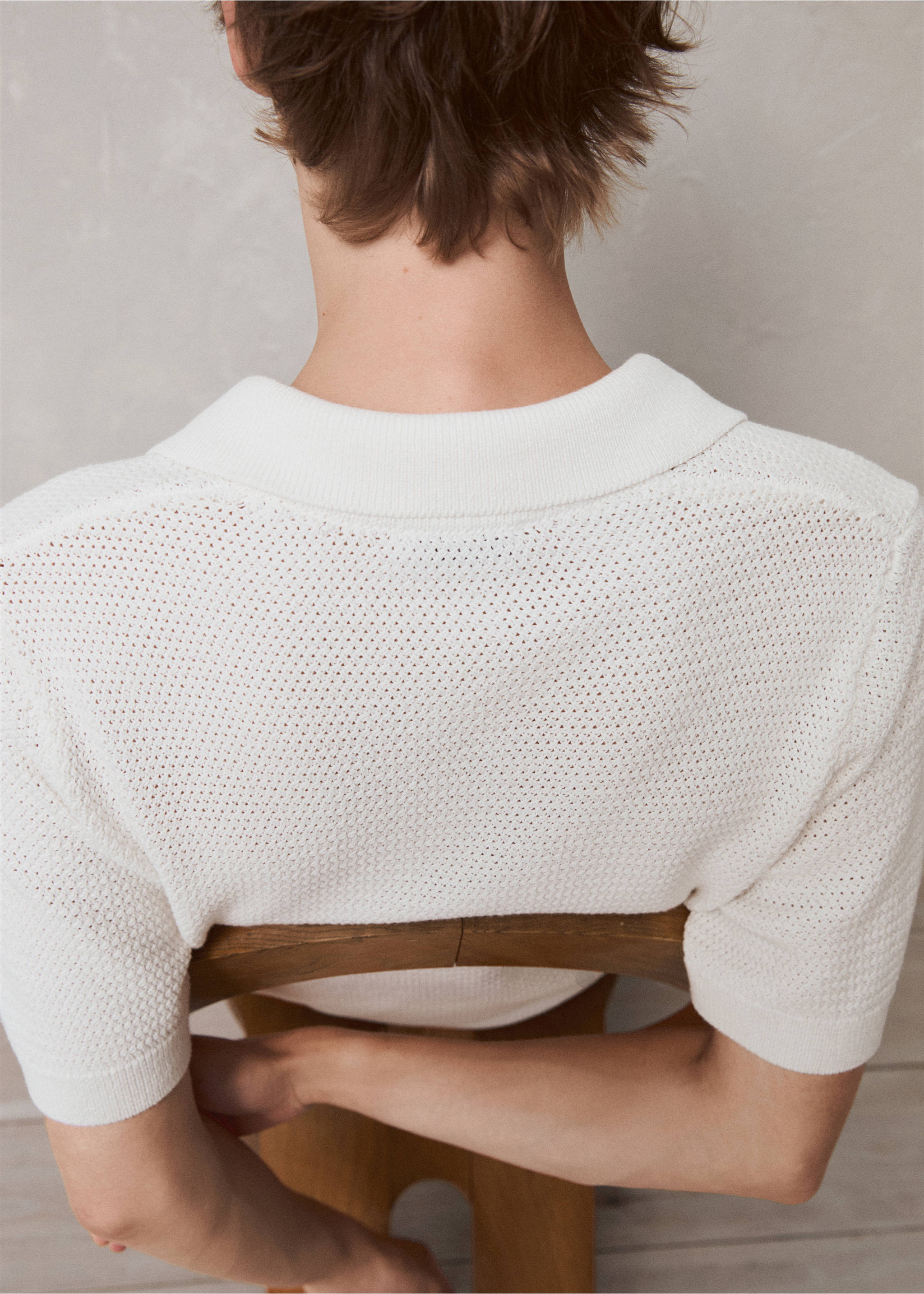 Openwork cotton knitte polo shirt - Details of the article 5, Off White. Ref: 77040588-00.