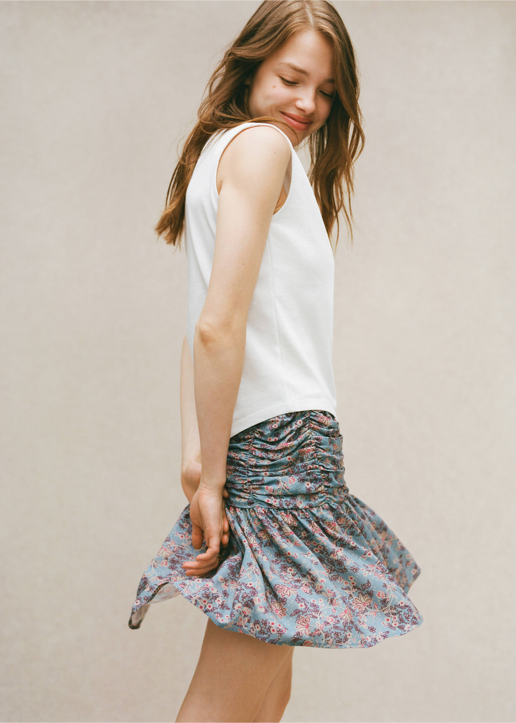 Floral print skirt - Details of the article 5, Sky Blue. Ref: 77040640-00.
