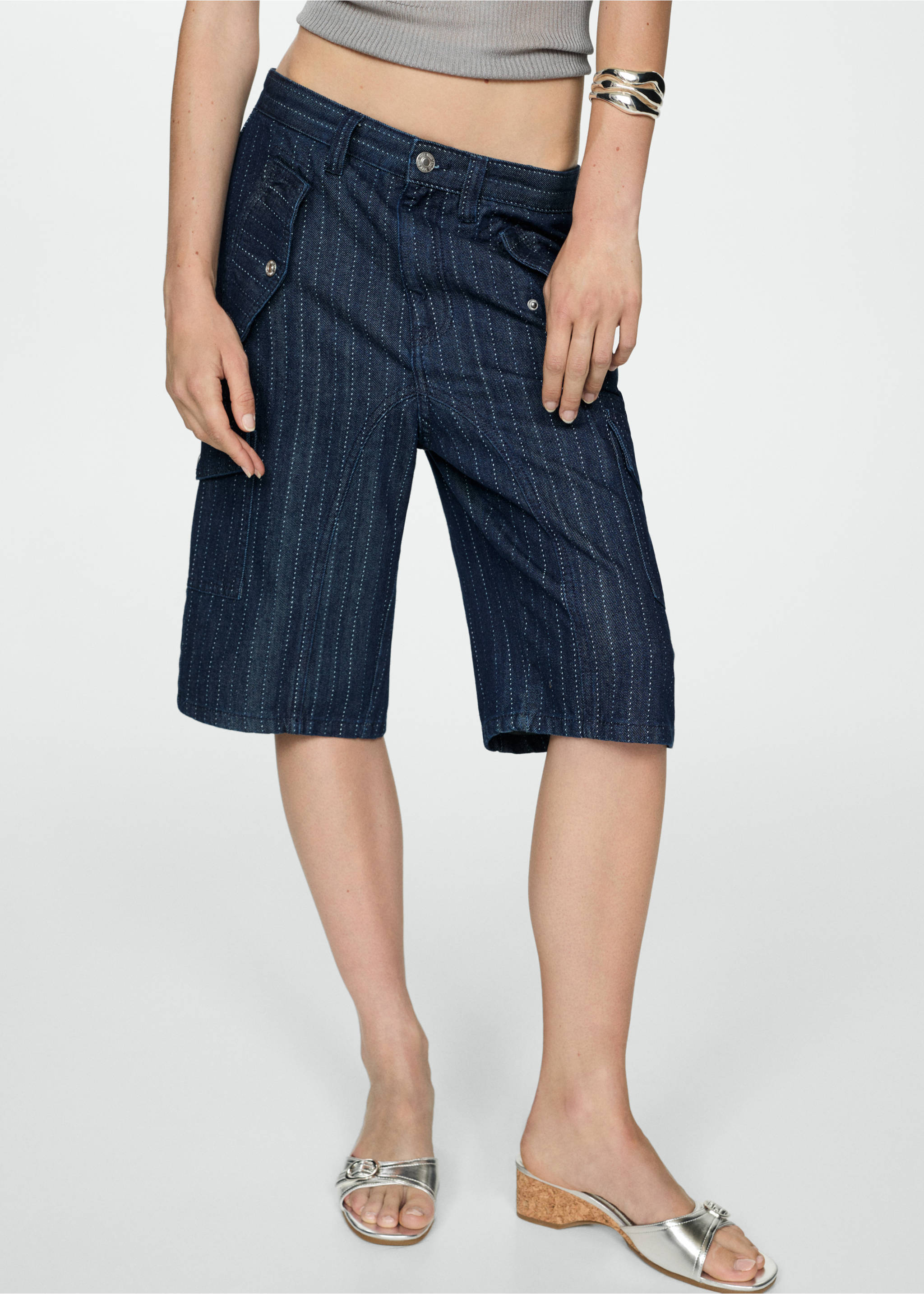 Bermudas vaqueras costuras decorativas - Plano medio, Azul marino oscuro. Ref: 77041507-00.