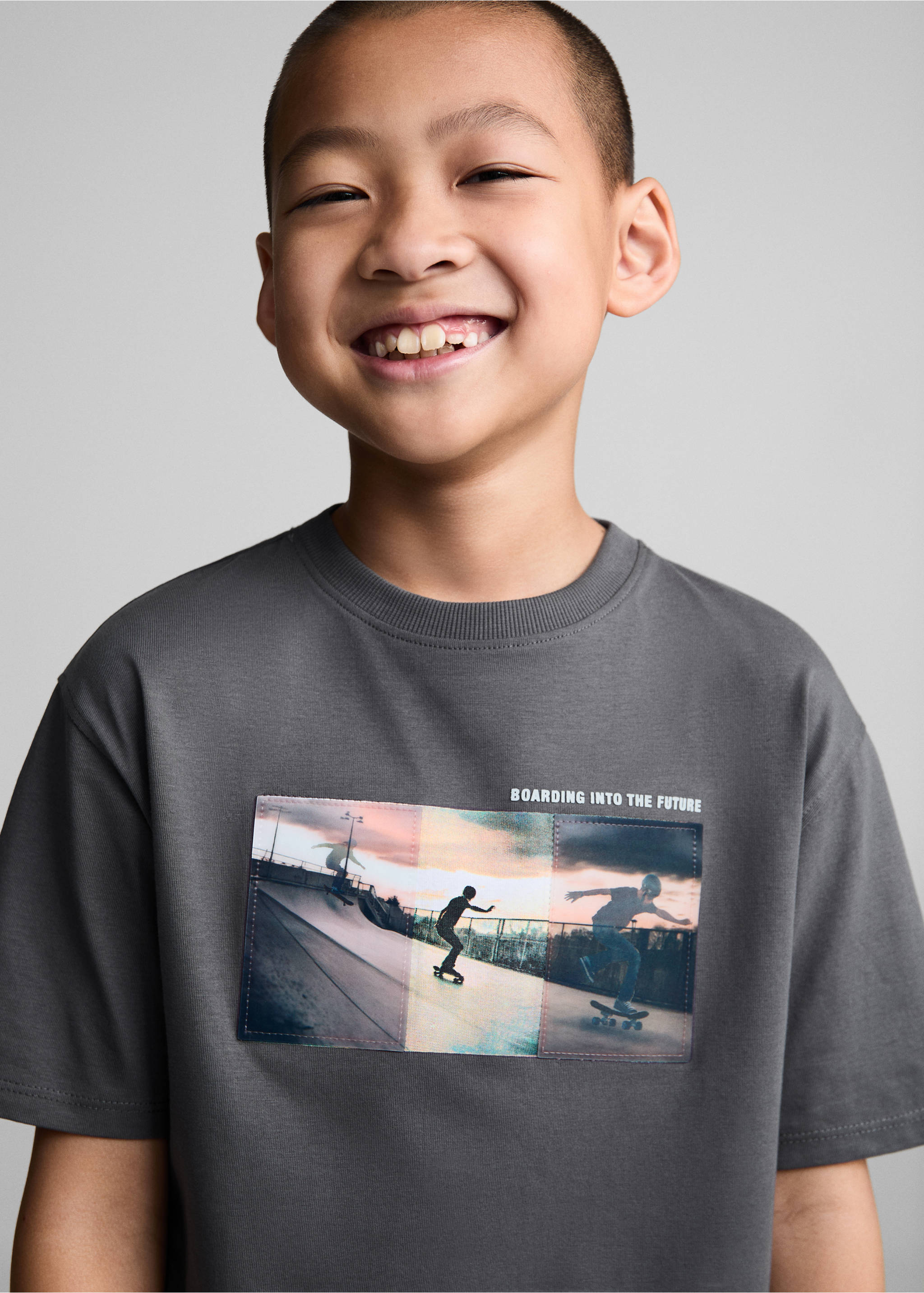 Printed cotton-blend T-shirt - Details of the article 1, Charcoal. Ref: 77043282-00.