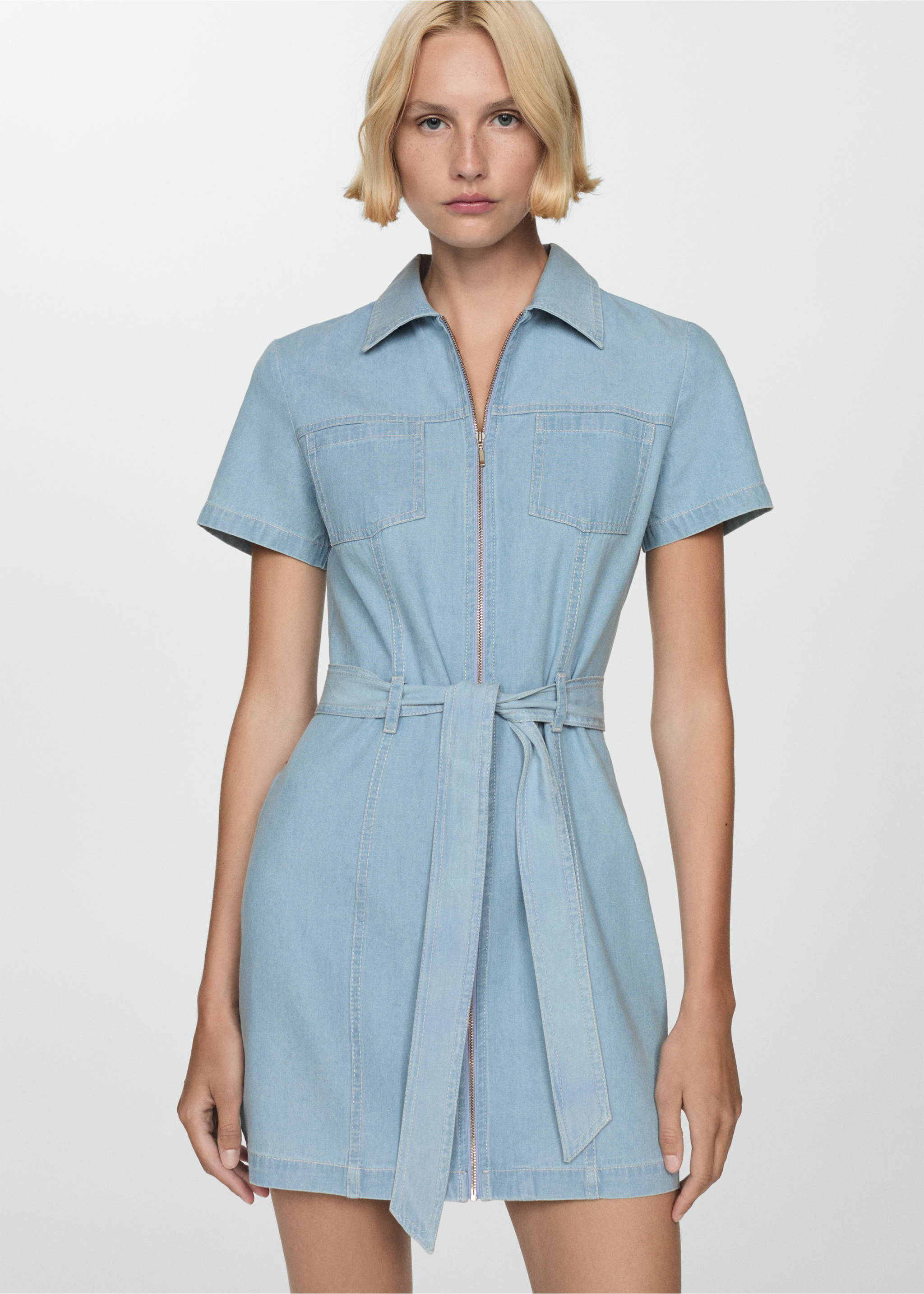 Denim dress with belt - Medium plane, Light Blue. Ref: 77044014-00.