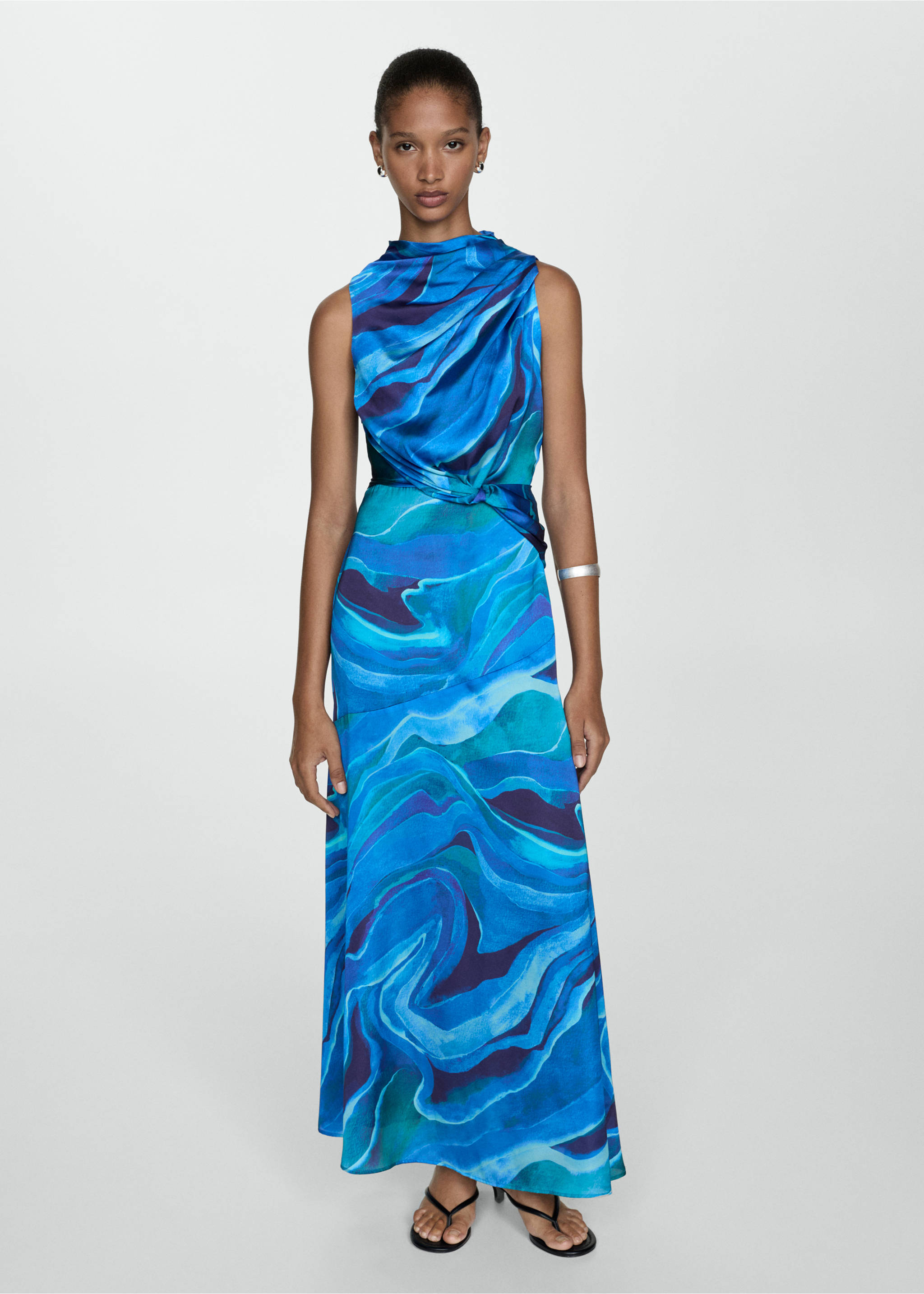 Satin printed dress with draped neck - General plane, Blue. Ref: 77044063-00.