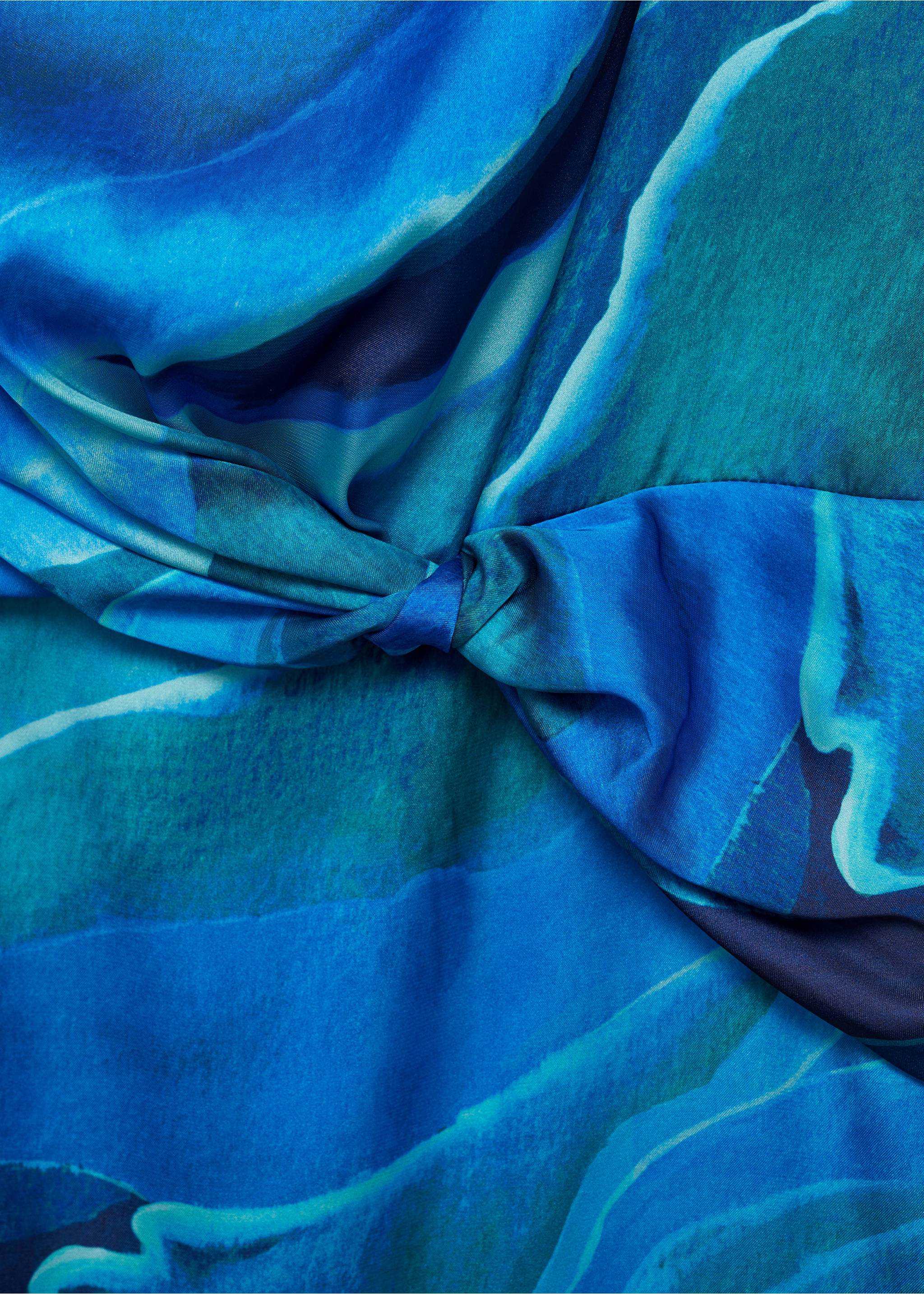 Satin printed dress with draped neck - Details of the article 8, Blue. Ref: 77044063-00.