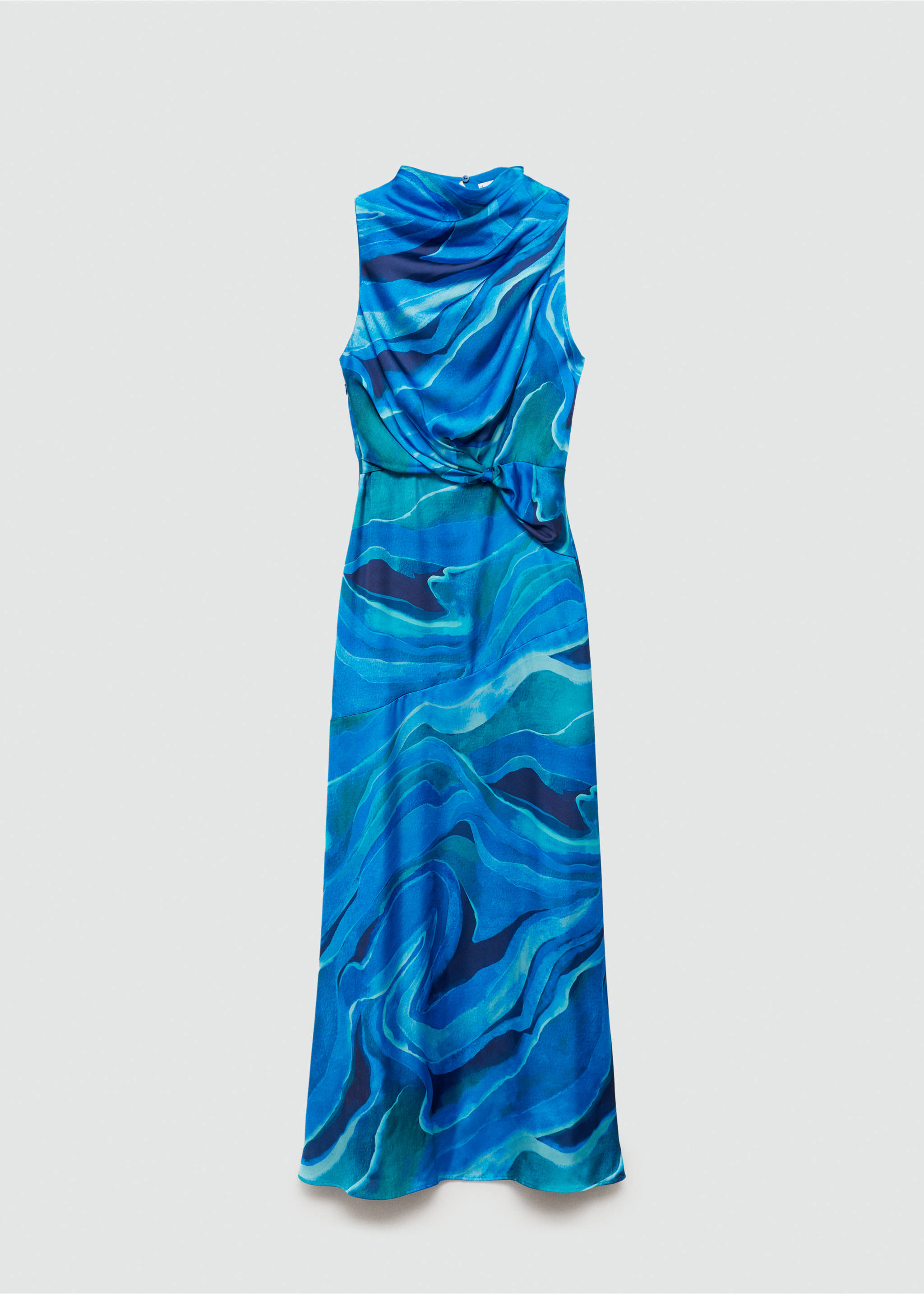 Satin printed dress with draped neck - Article without model, Blue. Ref: 77044063-00.