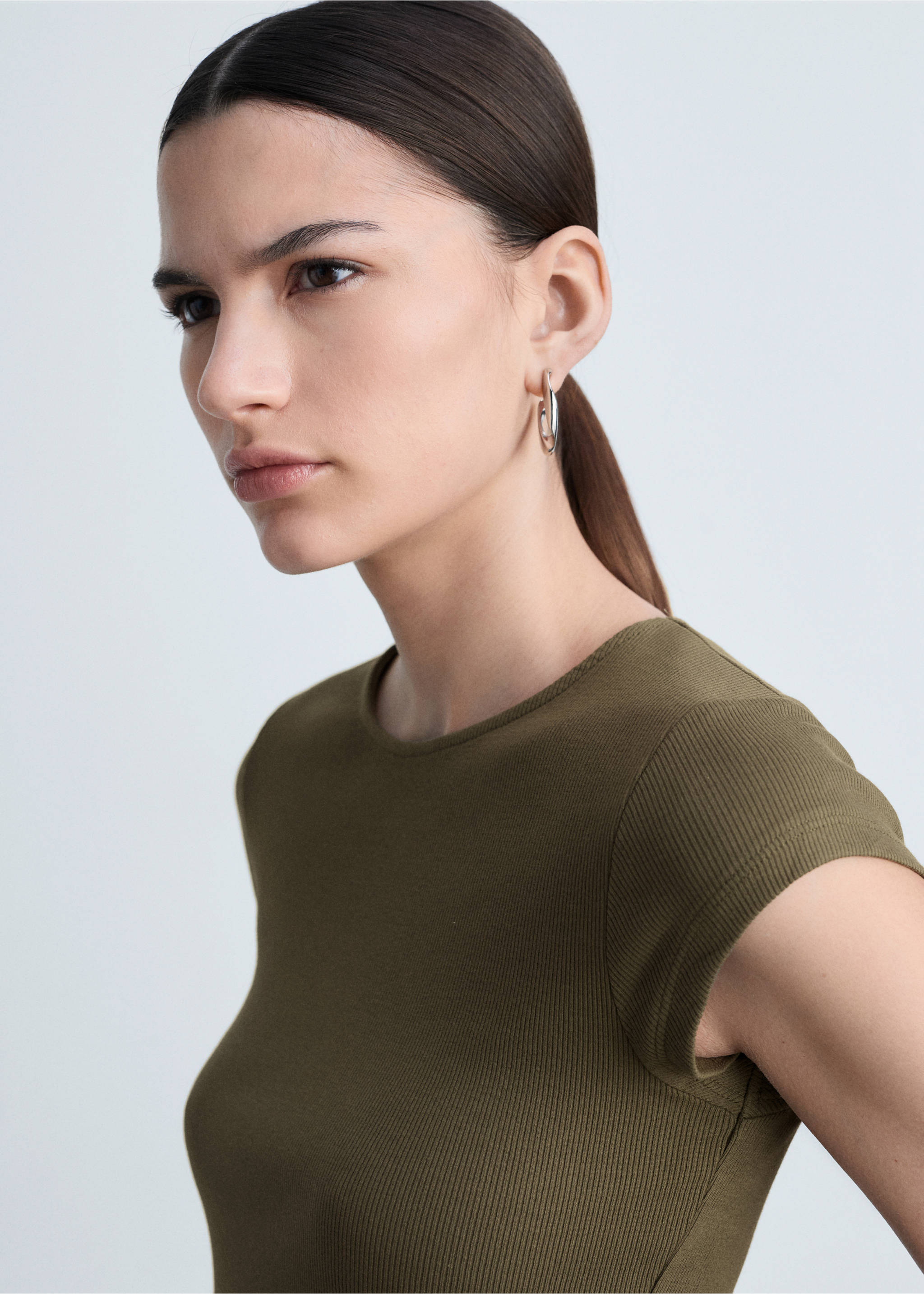 Flared dress in combined fabric - Details of the article 1, Khaki. Ref: 77044073-00.