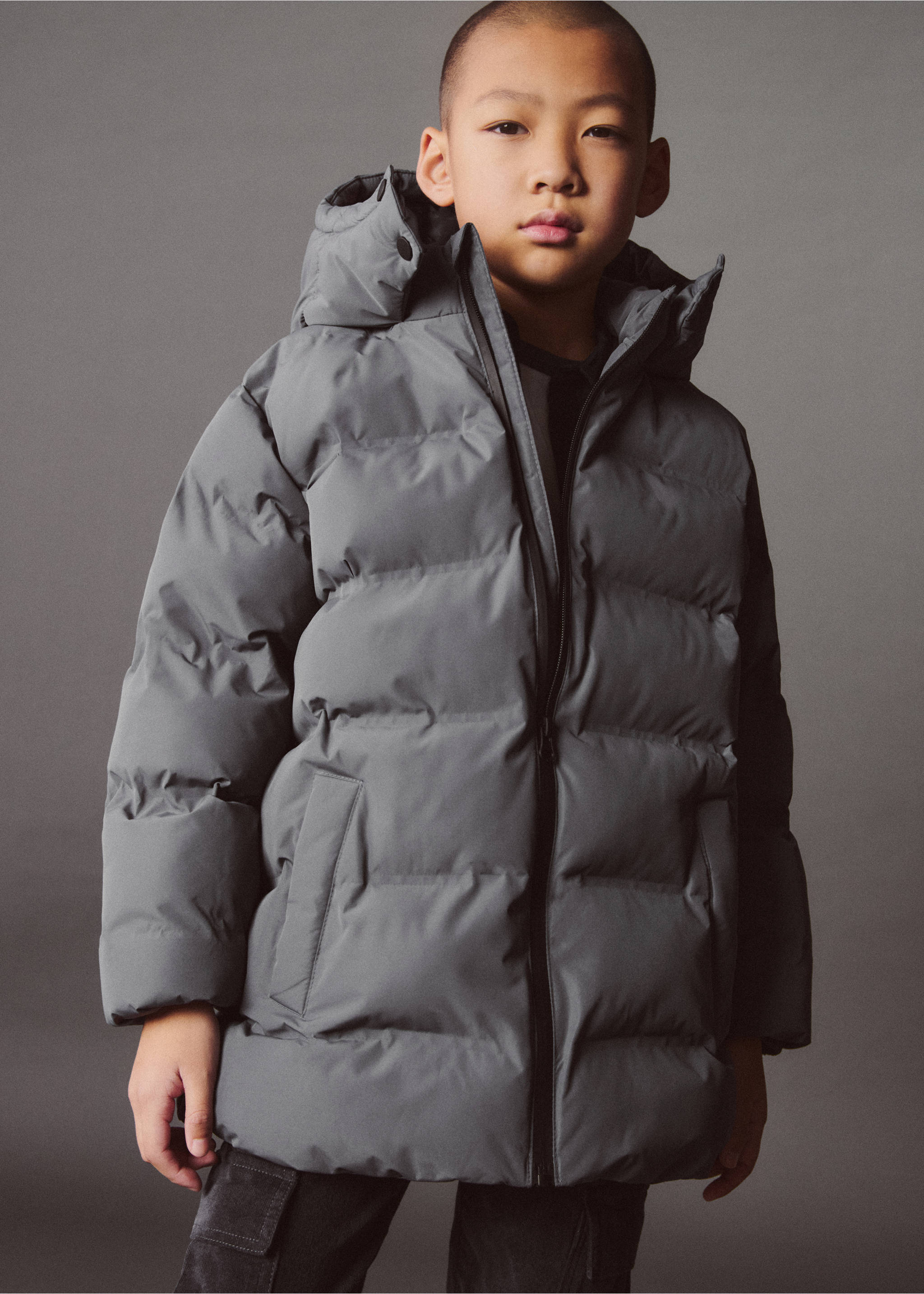 Hood puffer coat - Details of the article 5, Blue. Ref: 77044759-00.