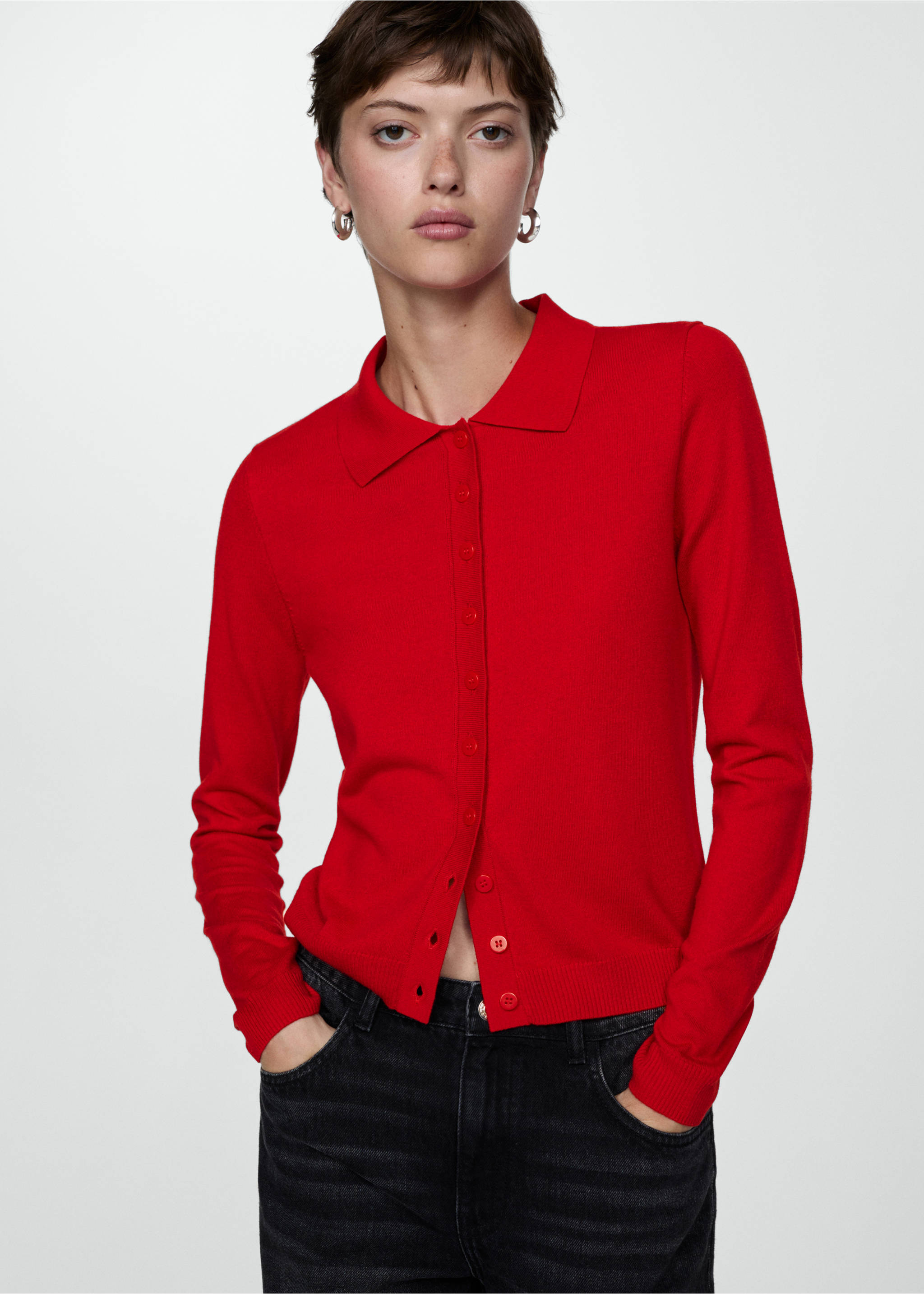 Polo-neck cardigan - Medium plane, Red. Ref: 77044763-00.