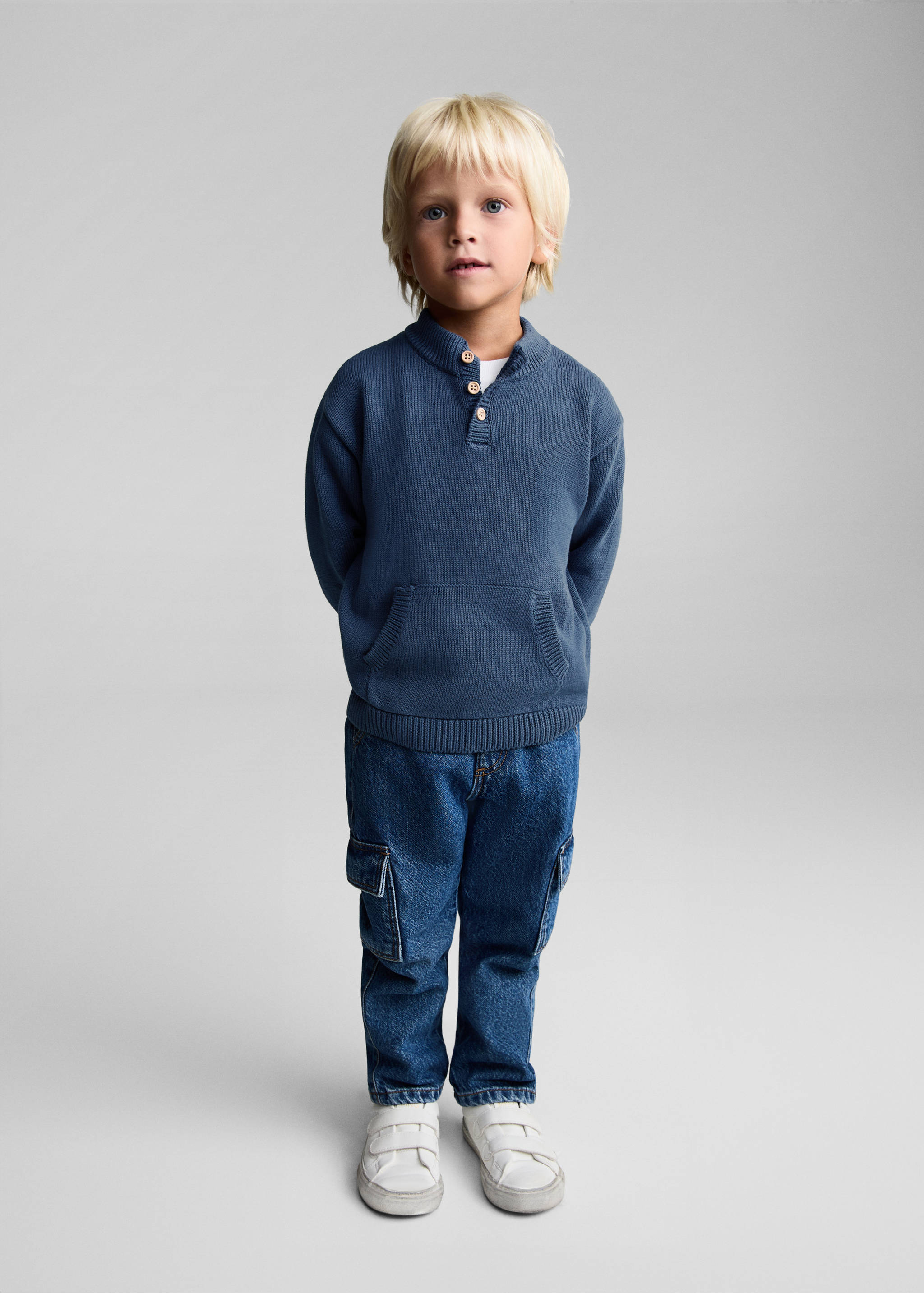 Pull-over maille poche kangourou - Plan général, Bleu indigo. Ref: 77044777-00.