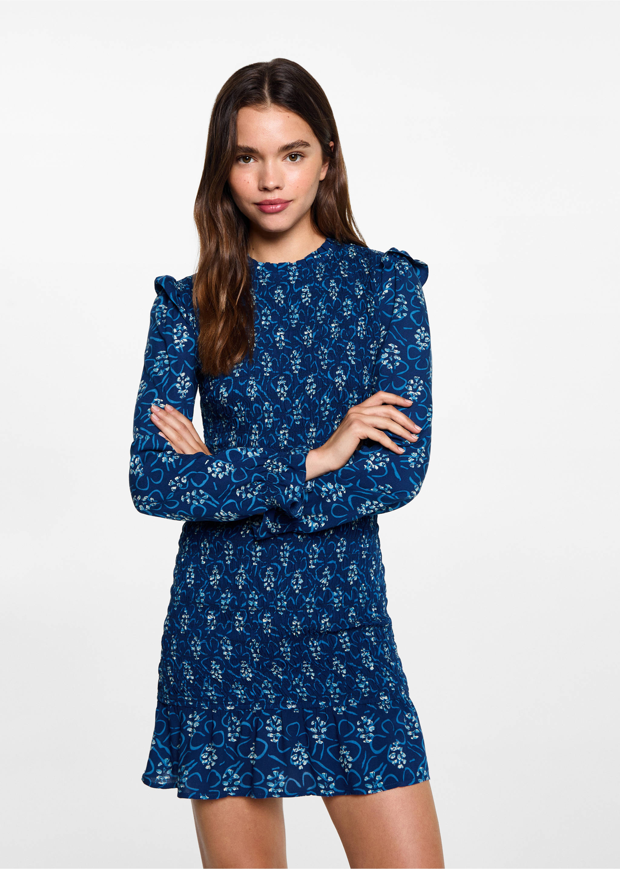 Printed ruched dress - Medium plane, Dark Navy. Ref: 77044787-00.