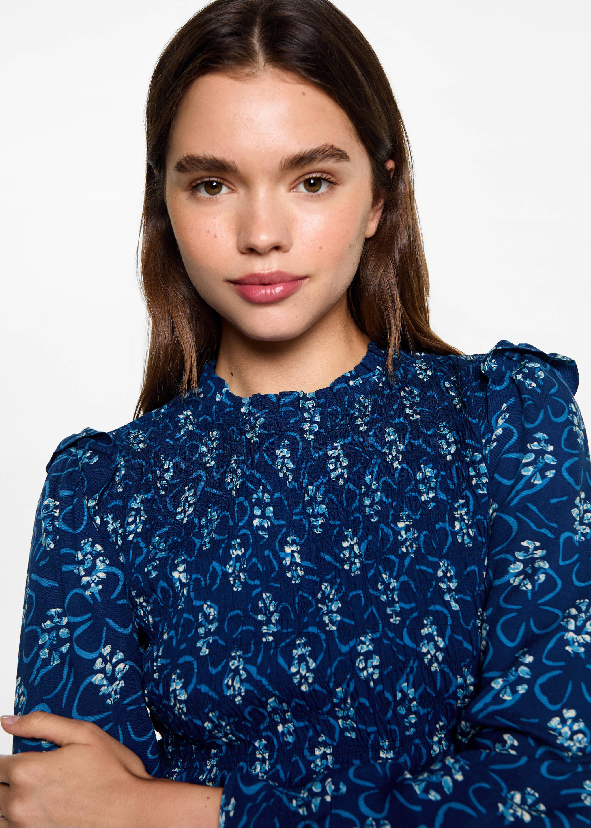 Printed ruched dress - Details of the article 1, Dark Navy. Ref: 77044787-00.