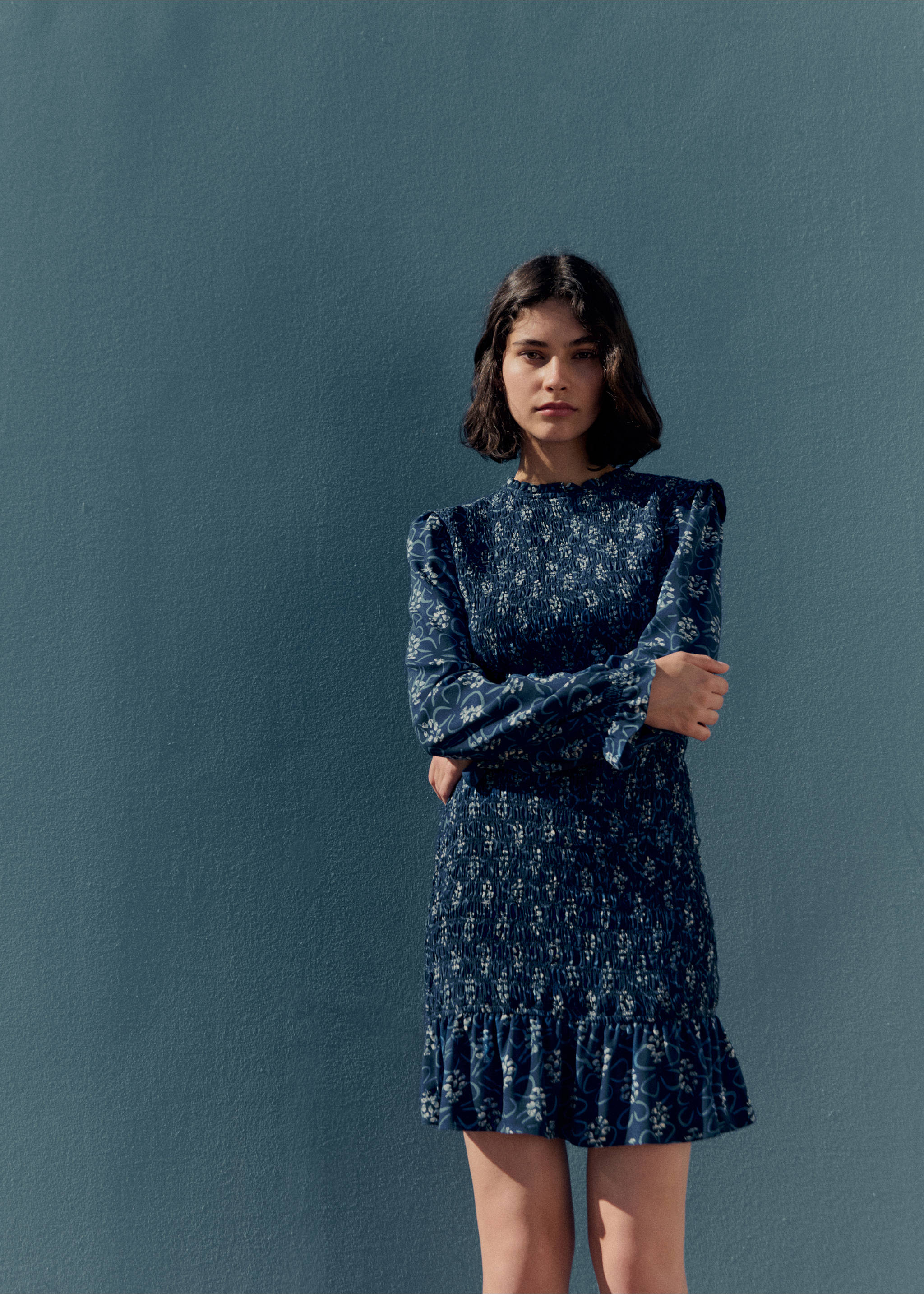 Printed ruched dress - Details of the article 5, Dark Navy. Ref: 77044787-00.