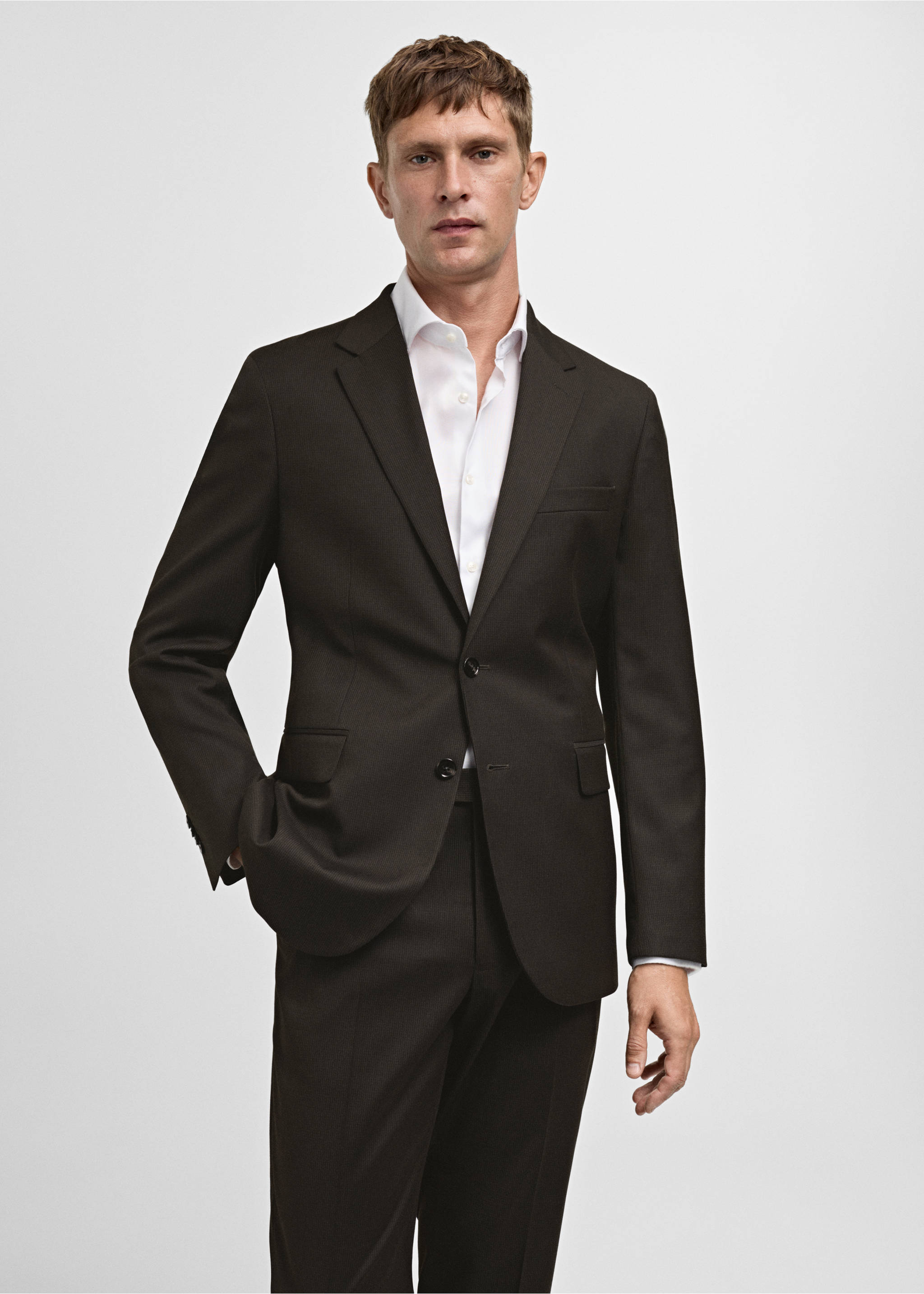 Stretch-fabric slim-fit suit jacket - Medium plane, Brown. Ref: 77045148-00.