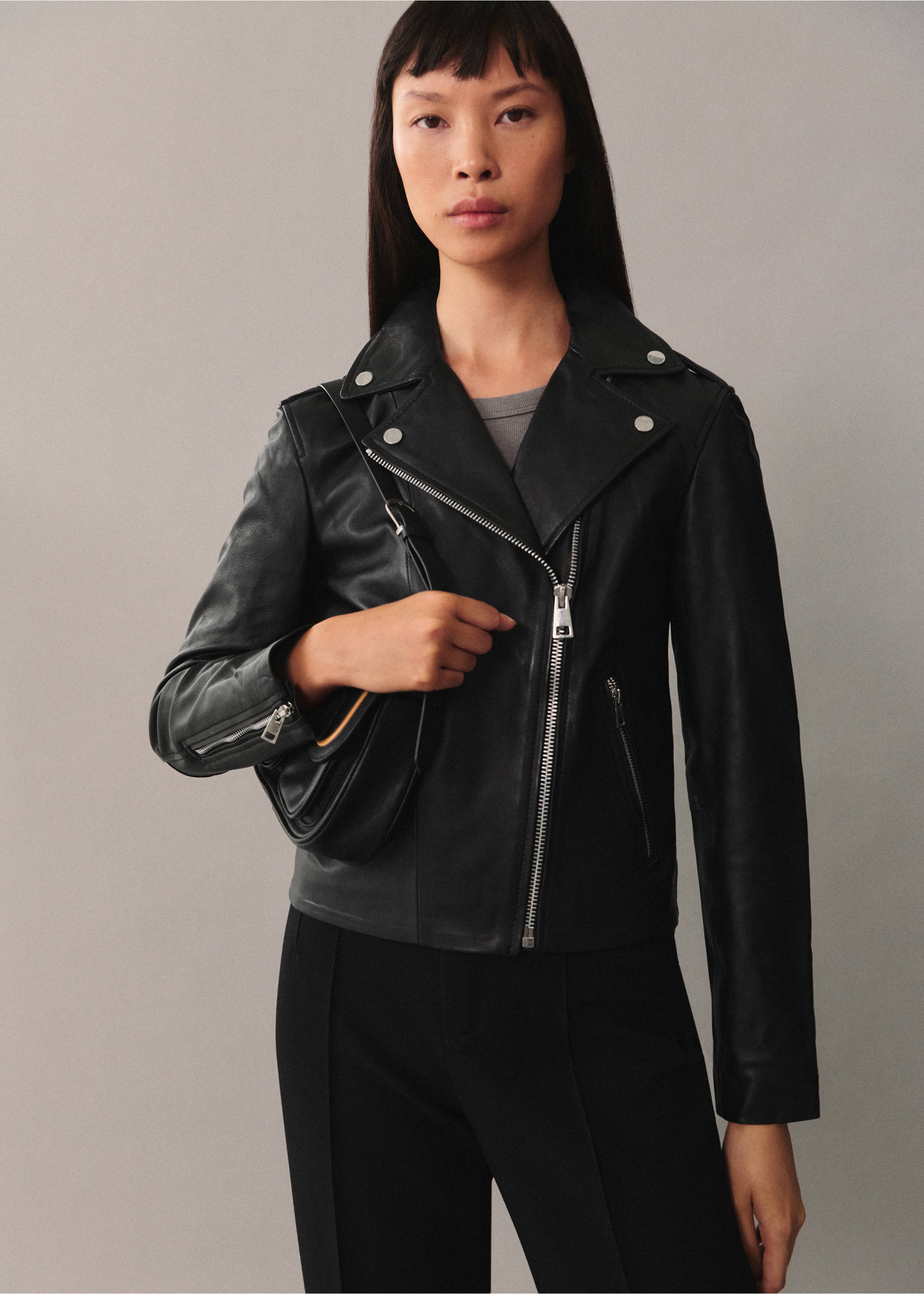 Leather biker jacket - Medium plane, Black. Ref: 77045659-00.