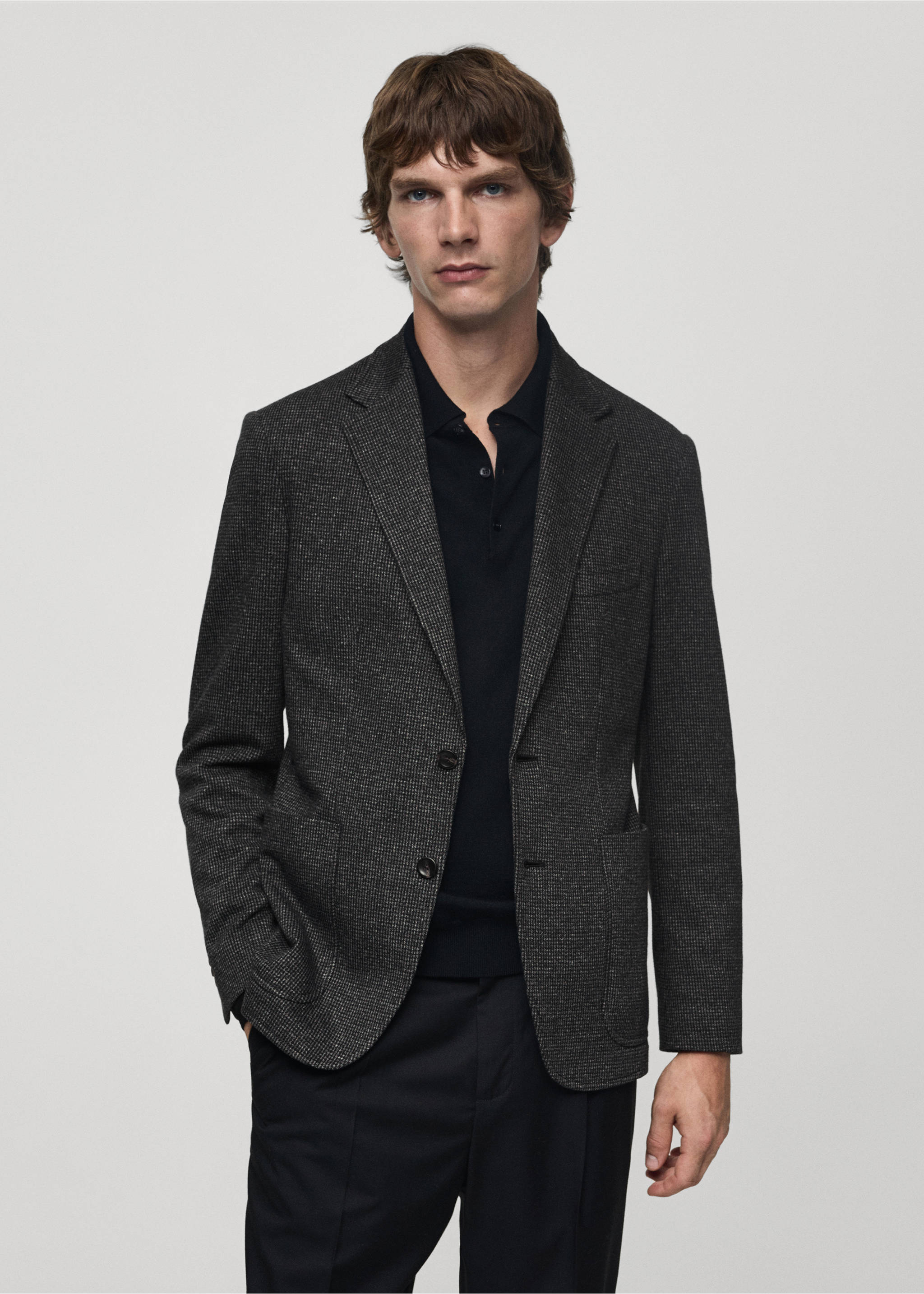 Slim-fit micro-houndstooth jacket - Medium plane, Dark Heather Grey. Ref: 77045972-00.