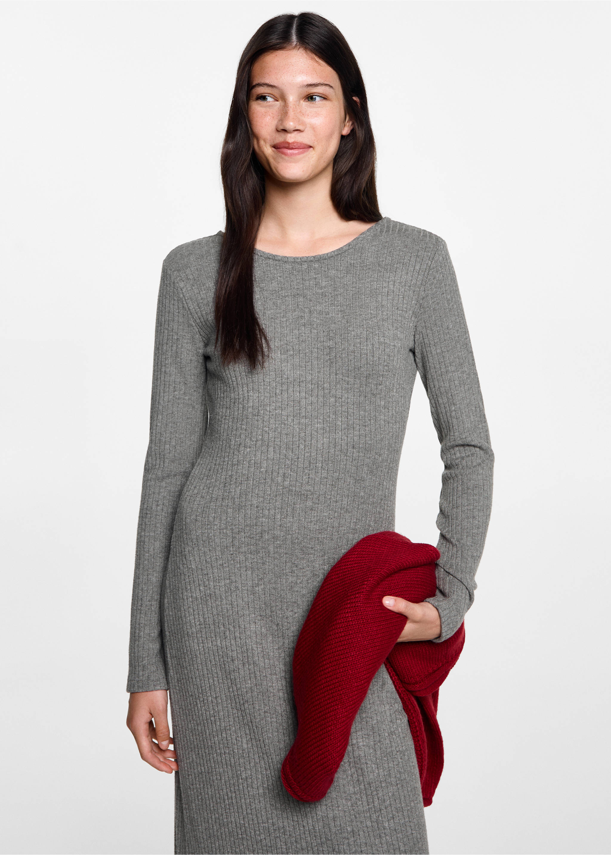 Robe midi à bords côtelés - Plan moyen, Gris chiné moyen. Ref: 77045985-00.