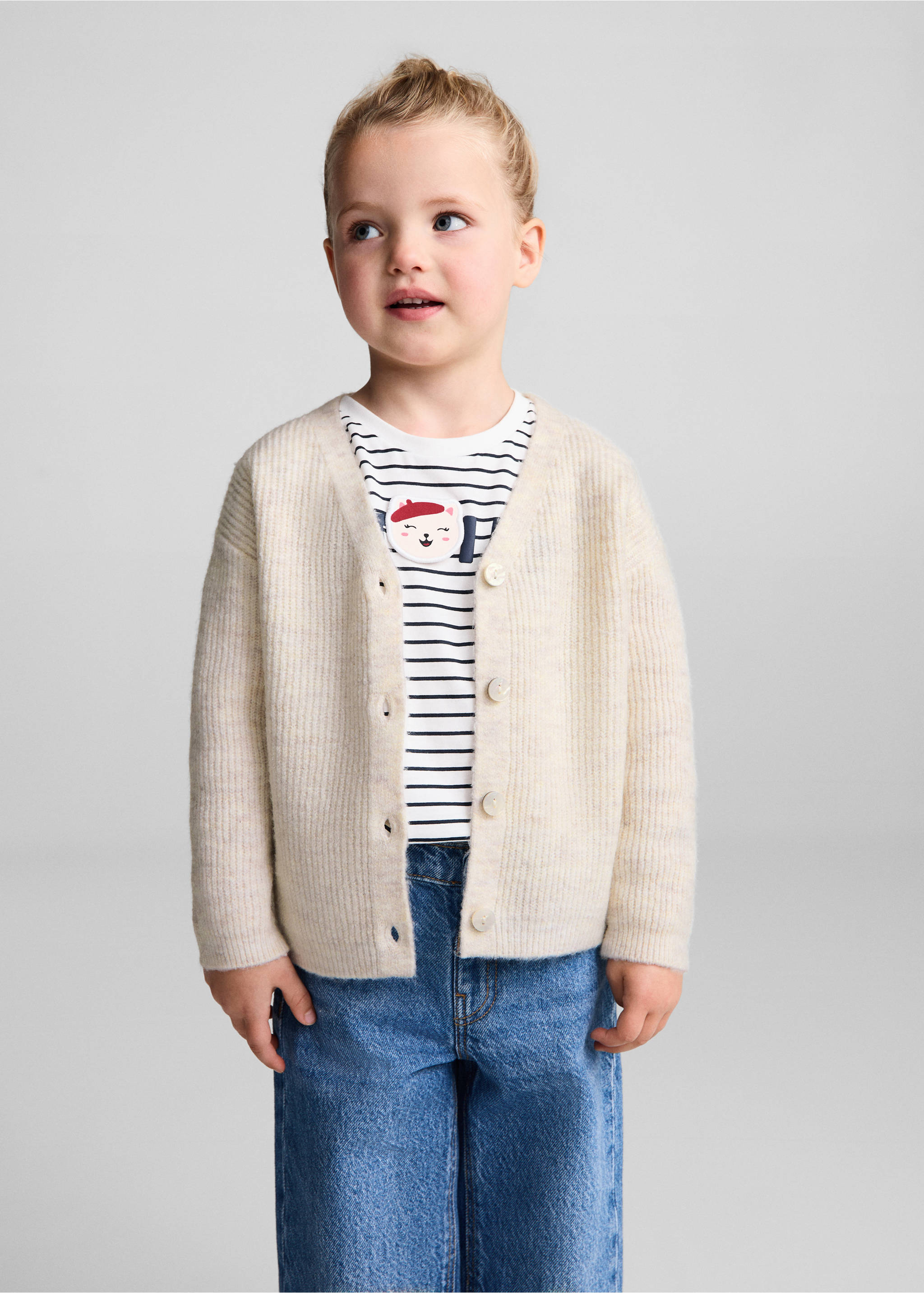 Buttoned ribbed cardigan - Medium plane, Beige. Ref: 77046338-00.