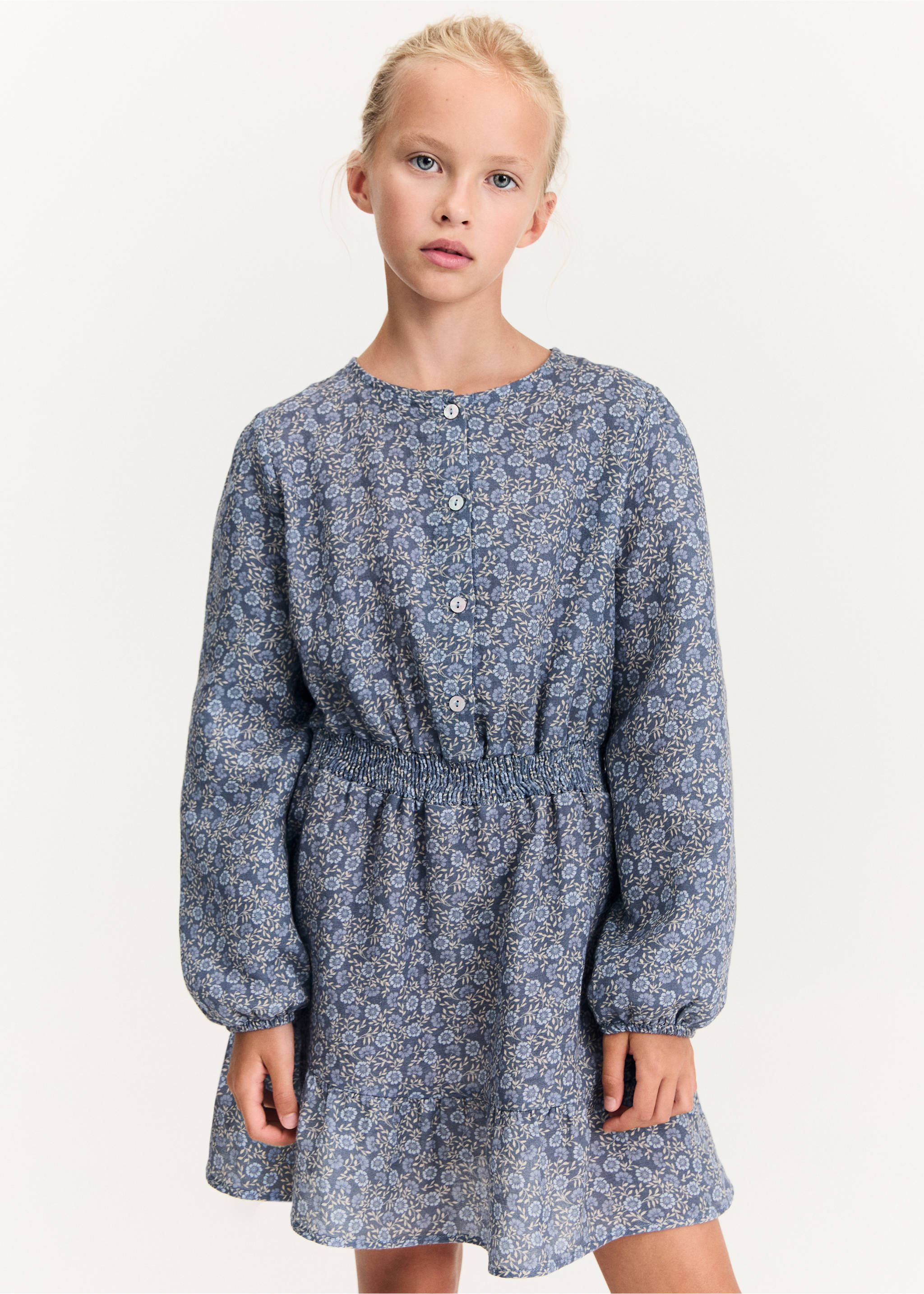 Buttoned flowers dress - Medium plane, Blue. Ref: 77046341-00.