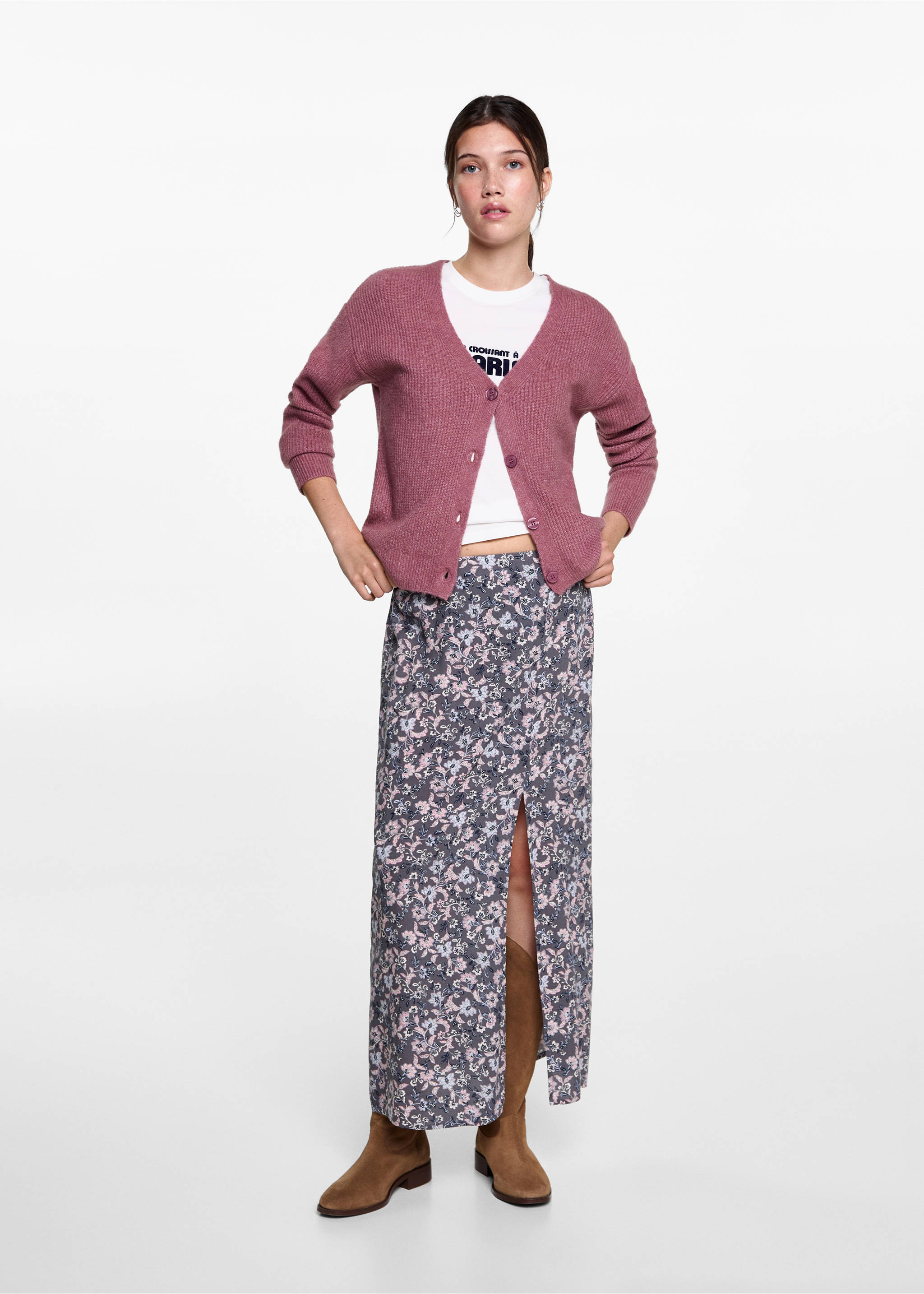 Càrdigan punt escot en punta - Pla general, Rosa pastel. Ref: 77046737-00.