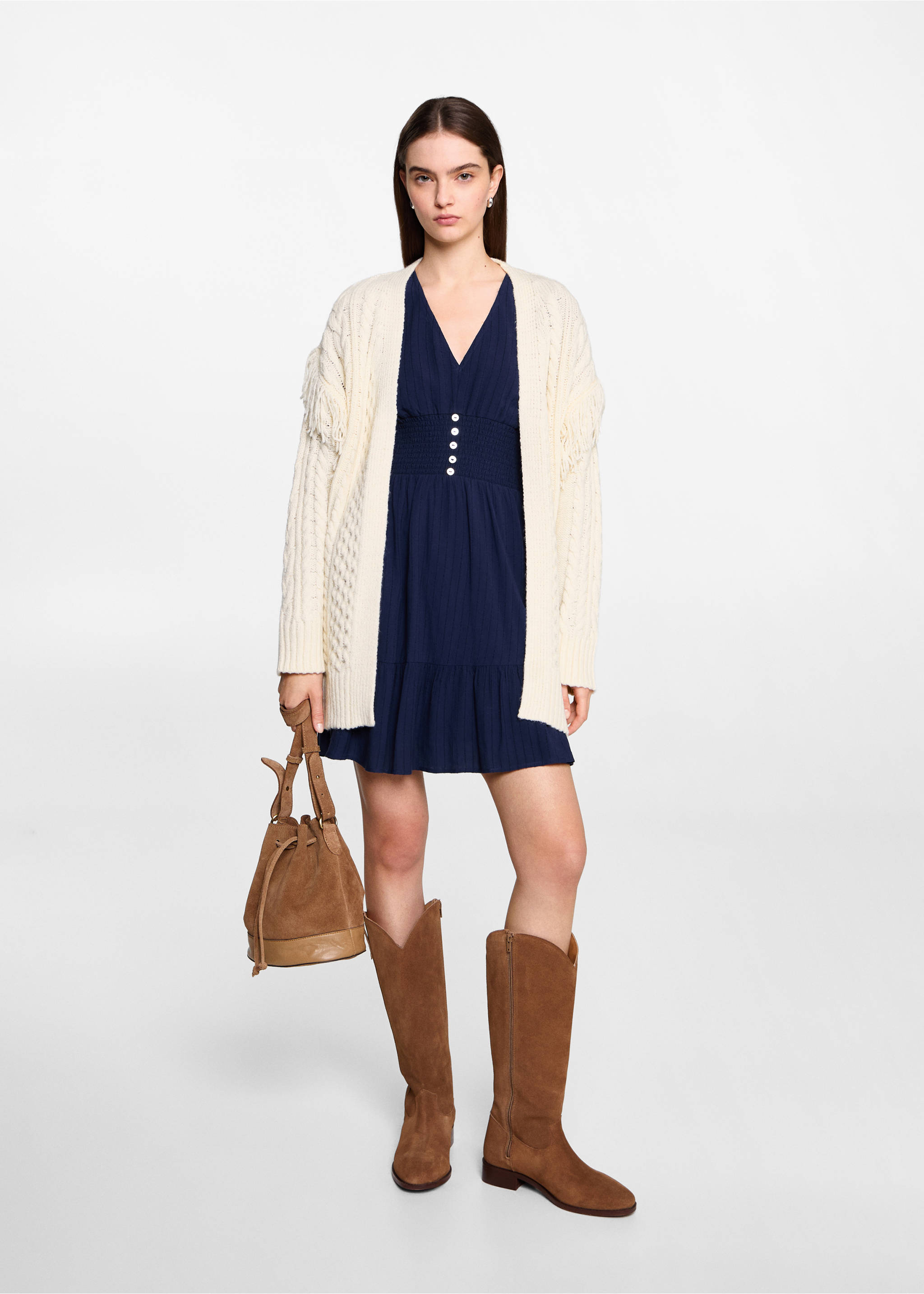 Cable knit cardigan with fringes - General plane, Ecru. Ref: 77046746-00.