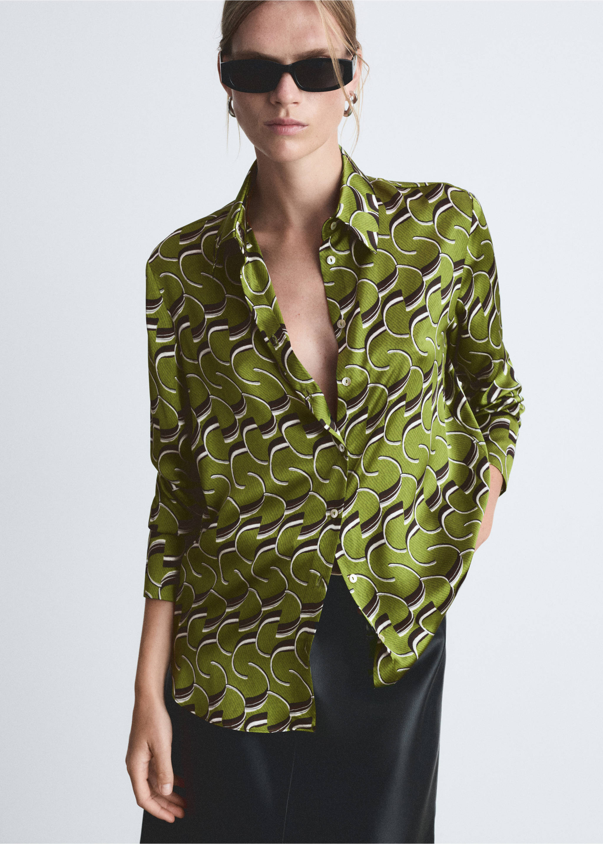 Satin print shirt - Medium plane, Green. Ref: 77046751-00.