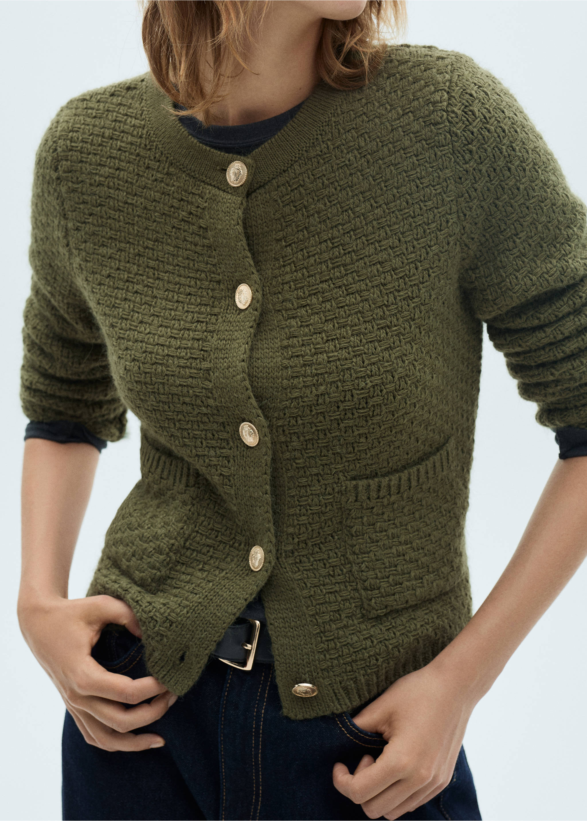 Button knit cardigan - Medium plane, Khaki. Ref: 77046763-00.